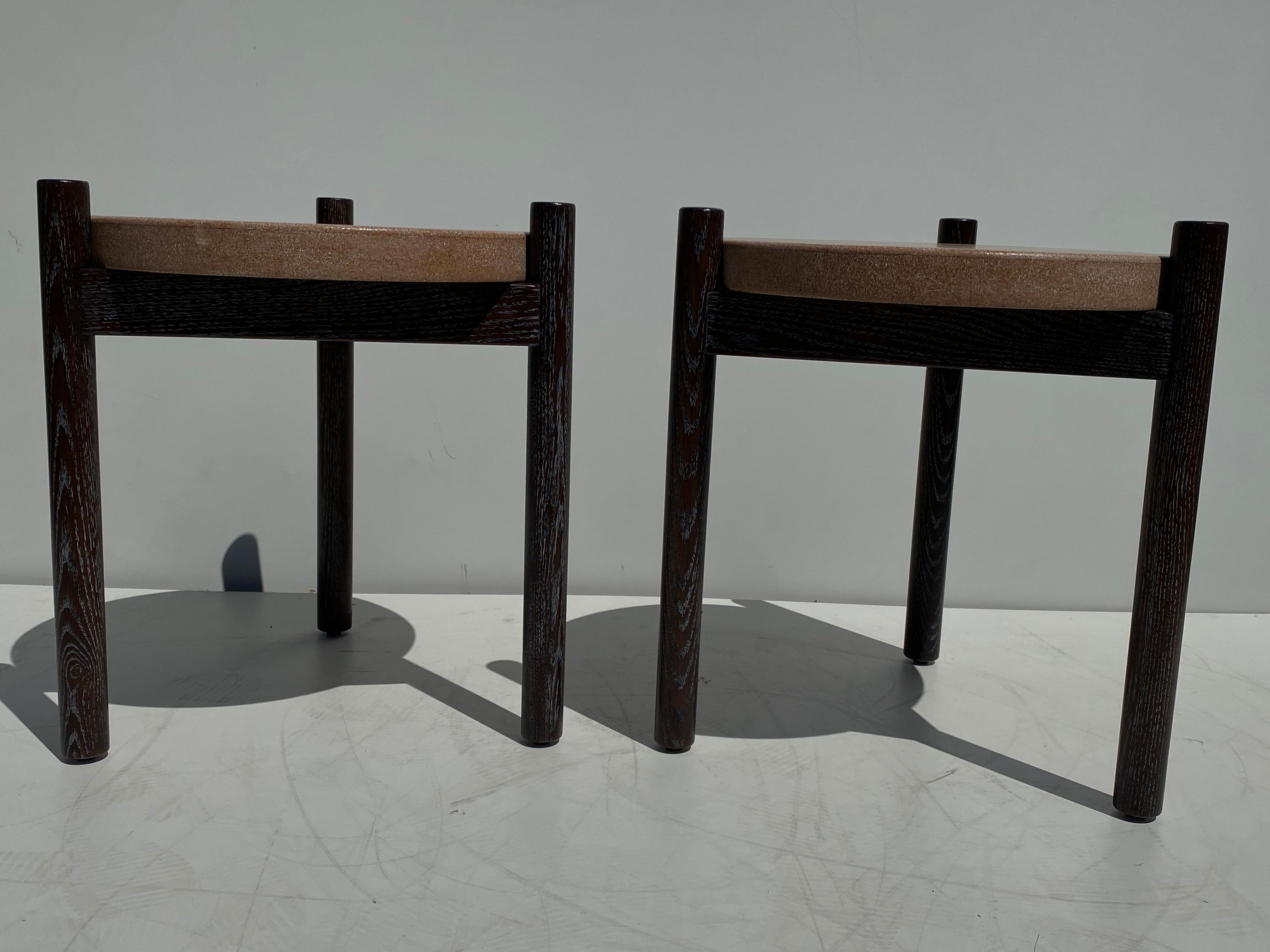 Mid-Century Modern Pair of Cerused Oak and Cork Side Tables