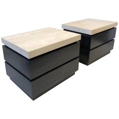 Pair of Cerused Oak and Travertine Nightstand by Kreiss