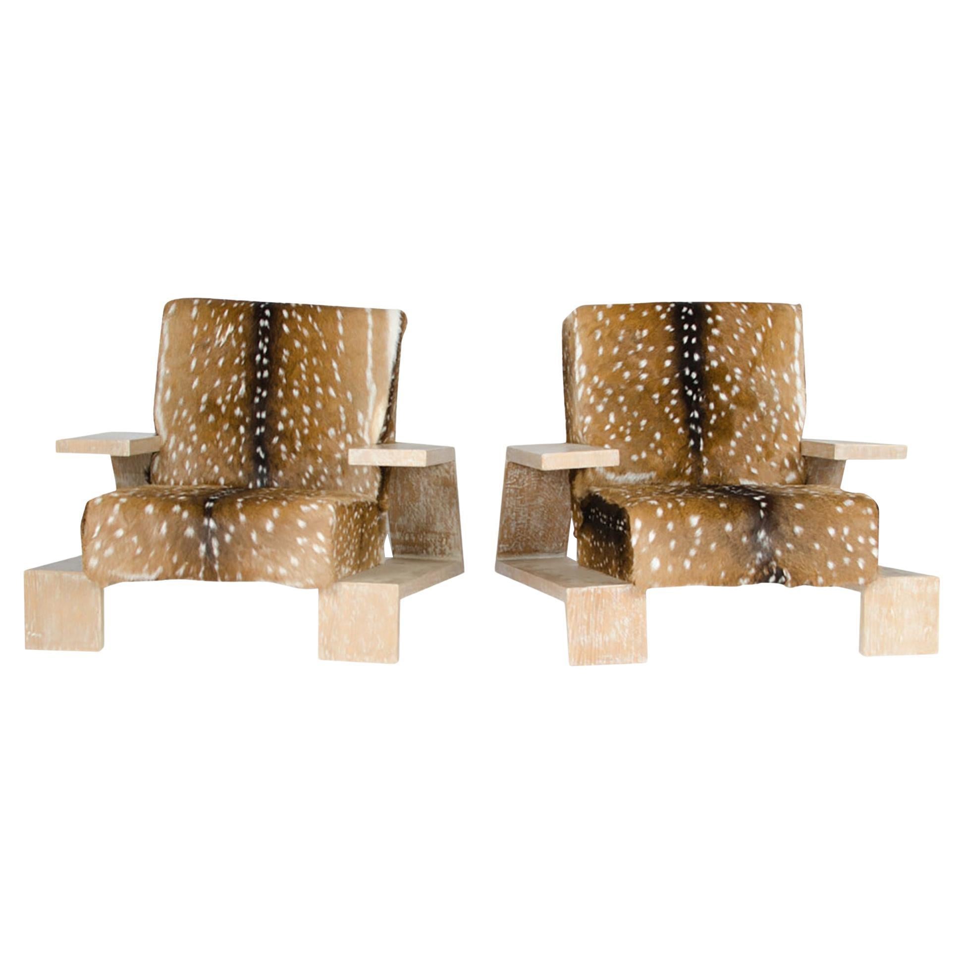 Pair of Cerused Oak Armchairs with Deer Skin Upholstery, Contemporary