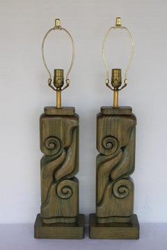 Pair of Cerused Wood Abstract Table Lamps