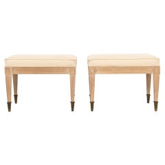 Pair of Cerused Wood & Cream Upholstered Benches with Brass Sabots by Weiman, 19