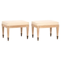 Pair of Cerused Wood & Cream Upholstered Benches with Brass Sabots by Weiman, 19