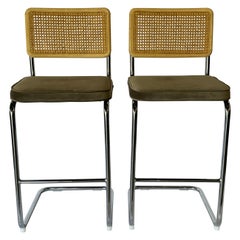 Paire de tabourets de bar en chrome et rotin Cesca