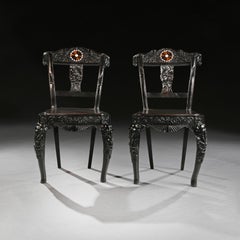 Pair of Ceylonese 19th Century Carved Ebony Side Chairs with Specimen Inlay Gall