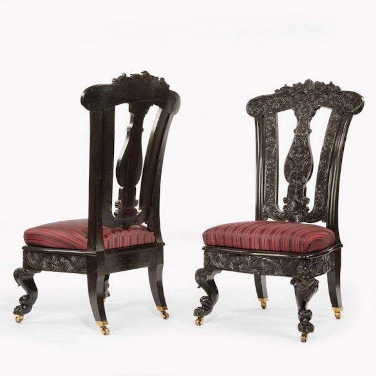 Pair of Ceylonese Solid Ebony Hall Chairs In Good Condition In Lymington, Hampshire