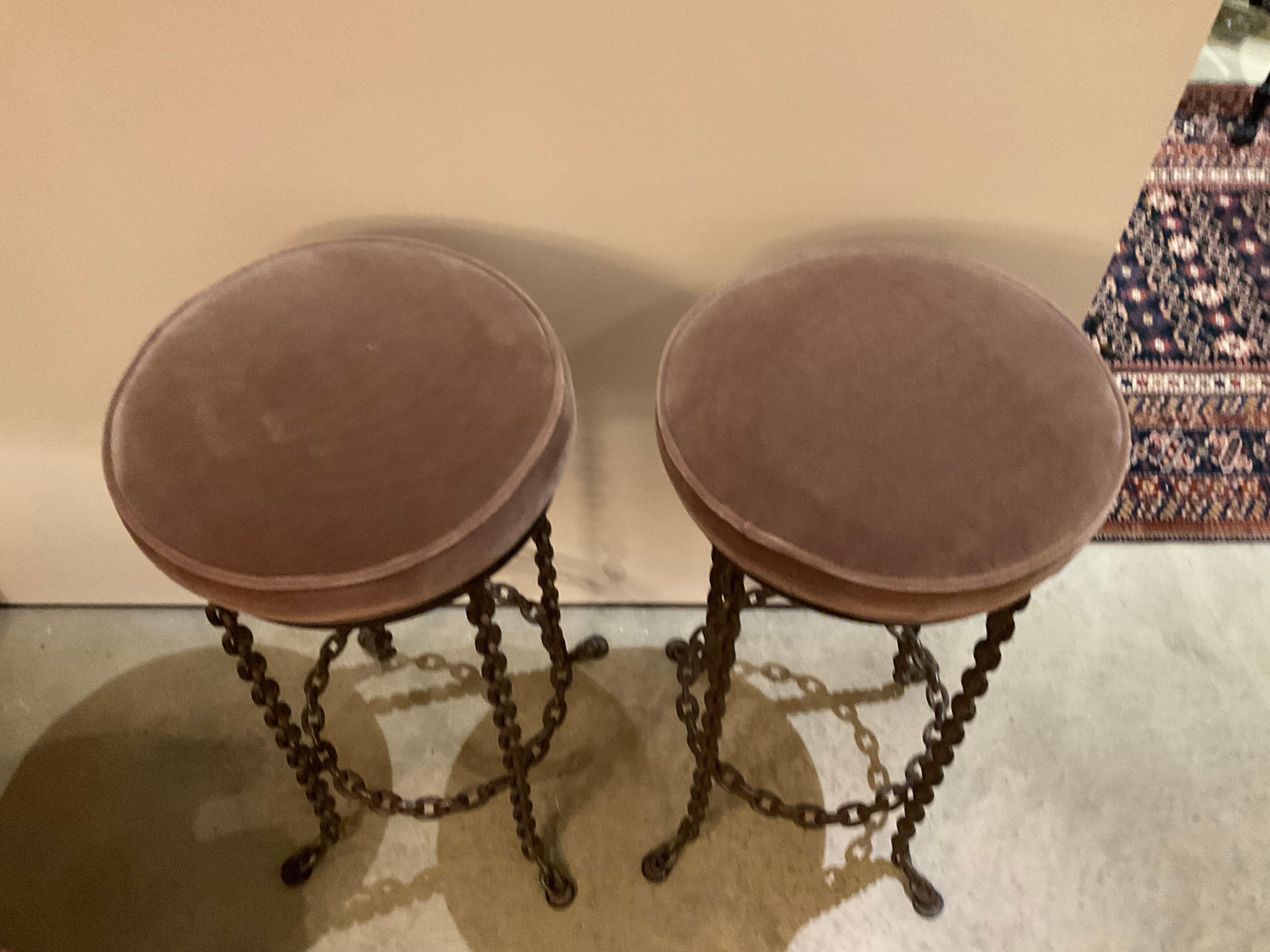 Pair of unique chain link swivel barstools in a gun metal finish with mohair seats and link stretchers. Large comfortable seat cushions easily recovered or ready for use.