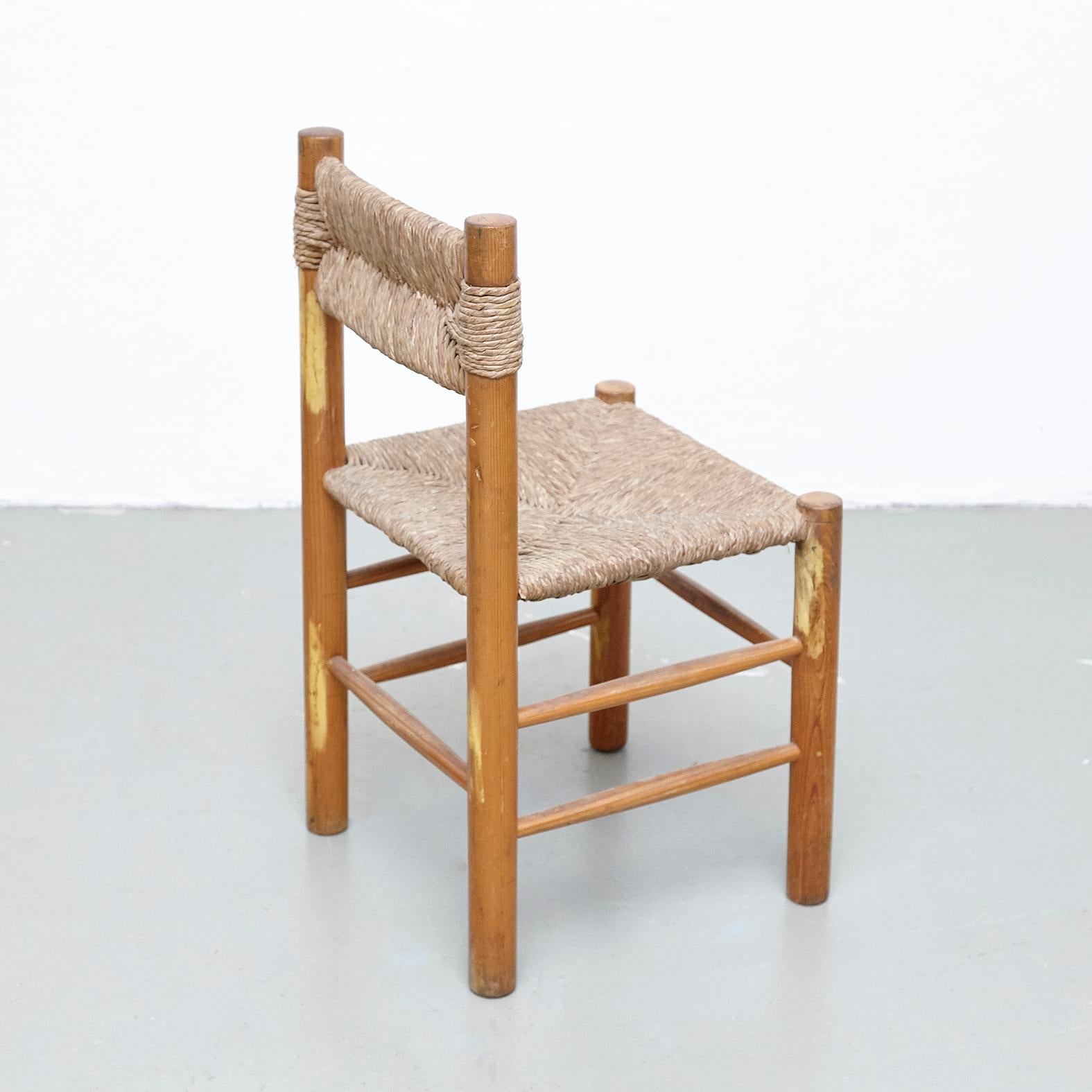 French Pair of Chairs After Charlotte Perriand, Wood Rattan, Mid Century Modern