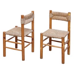 Pair of Chairs after Charlotte Perriand, Wood Rattan, Mid-Century Modern
