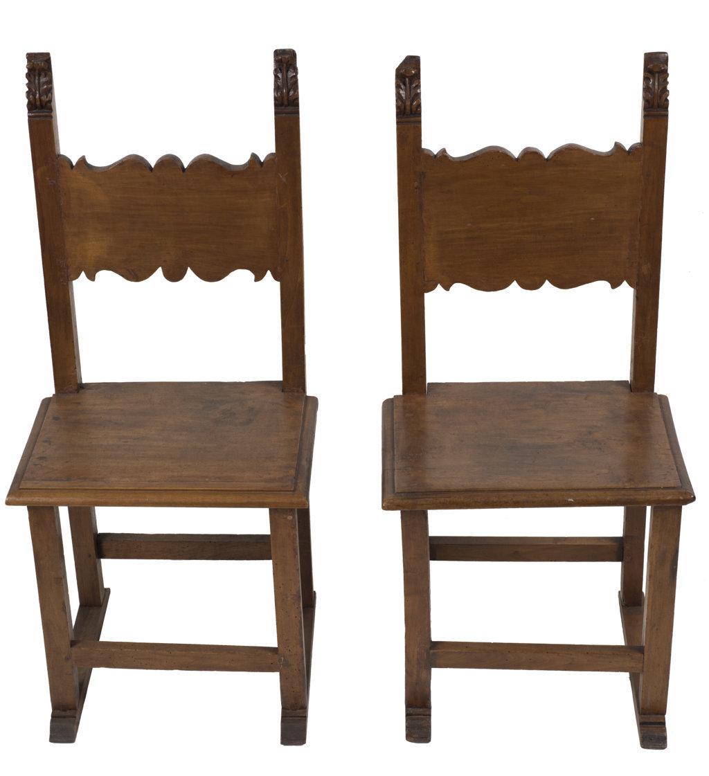 These pair of chairs and a stool are a beautiful design furniture piece realized in the 19th century by Italian manufacture.

The walnut wood chairs and stool are perfect for rustic home decor.

In good condition.

This object is shipped from