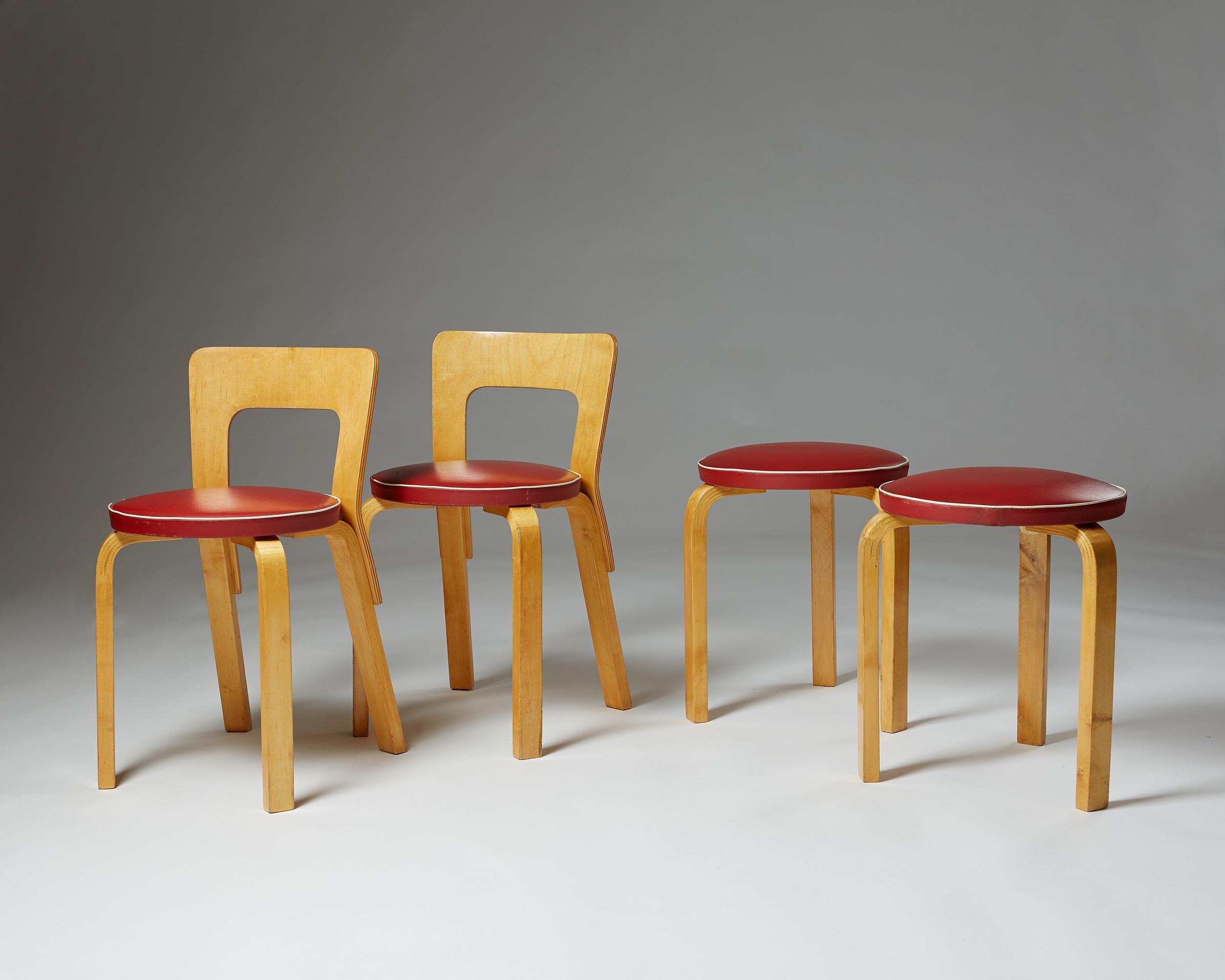 Pair of chairs and stools designed by Alvar Aalto for Artek, Finland, 1950s. Lacquered birch and red synthetic leather.

 
