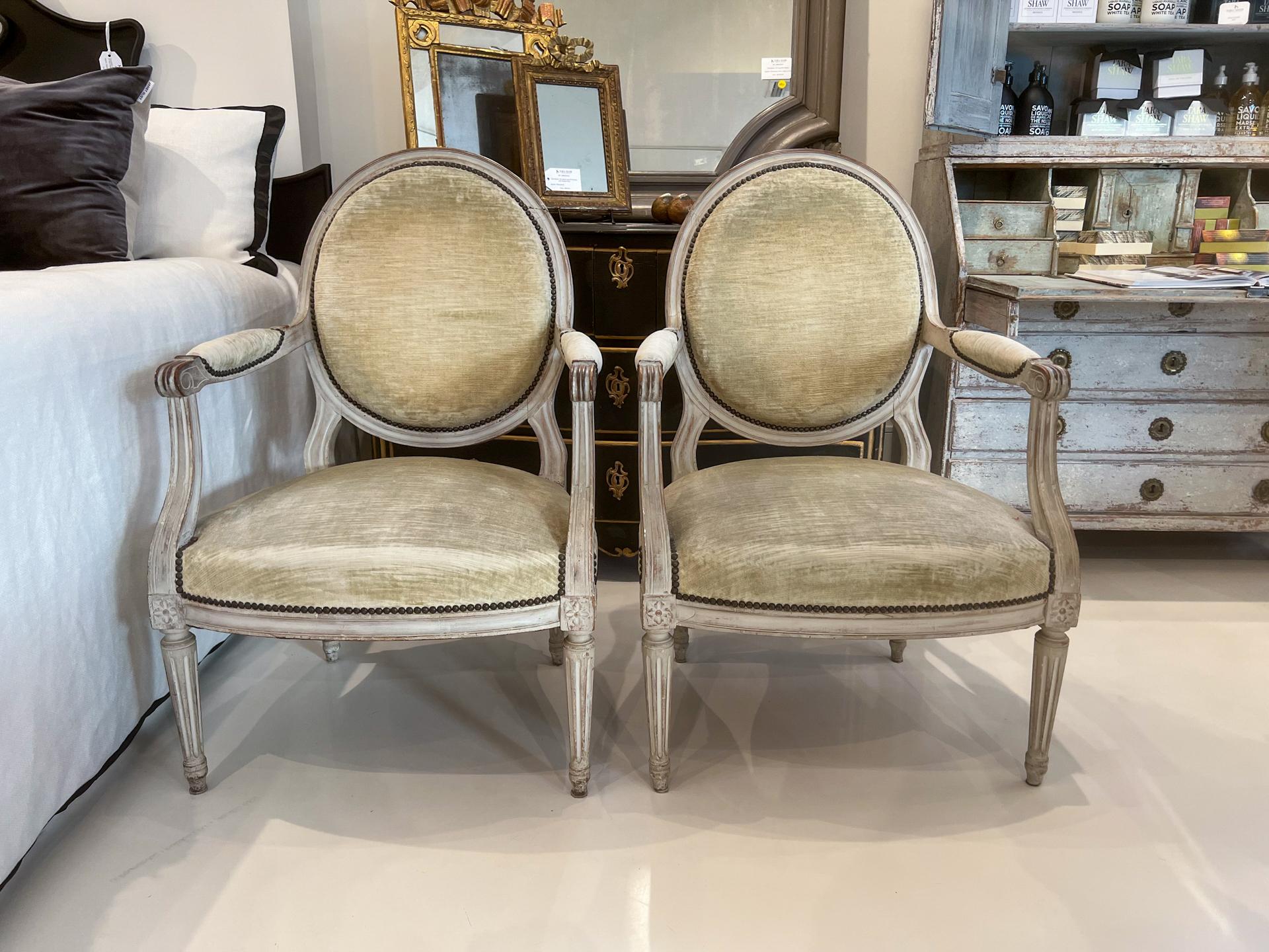 French Pair of Chairs, Antique Louis XVI Style Oval Back Fauteuil