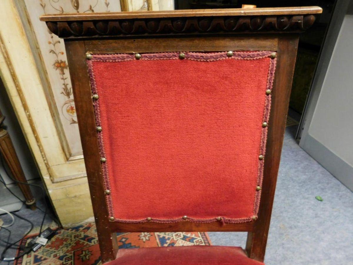 Italian Pair of Chairs, Armchairs, Red Velvet and walnut carved, Italy For Sale