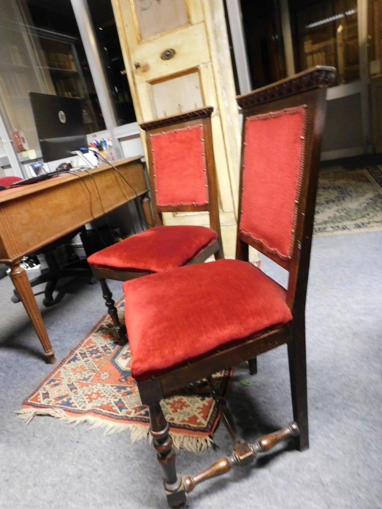 Pair of Chairs, Armchairs, Red Velvet and walnut carved, Italy In Good Condition For Sale In Cuneo, Italy (CN)