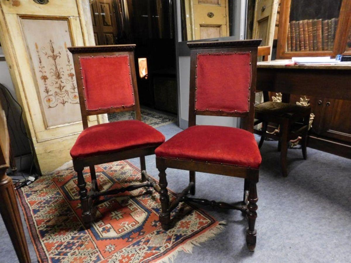 Pair of Chairs, Armchairs, Red Velvet and walnut carved, Italy For Sale 1