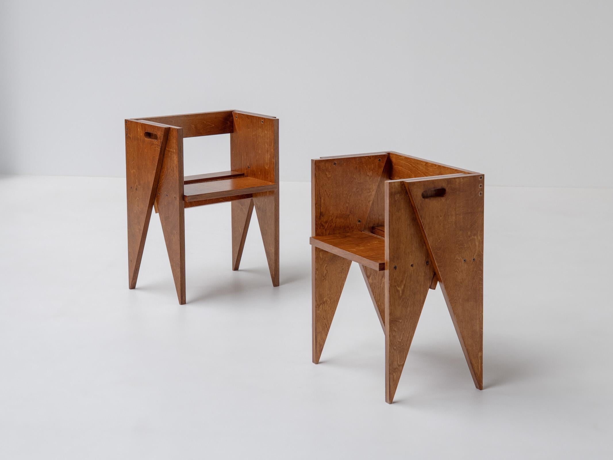 This rare pair of sculptural timber chairs, attributed to Italian designer Cesare Leonardi, reflects a bold shift in material and form during the 1980s. Responding to the decline of fiberglass, Leonardi began working with simple construction