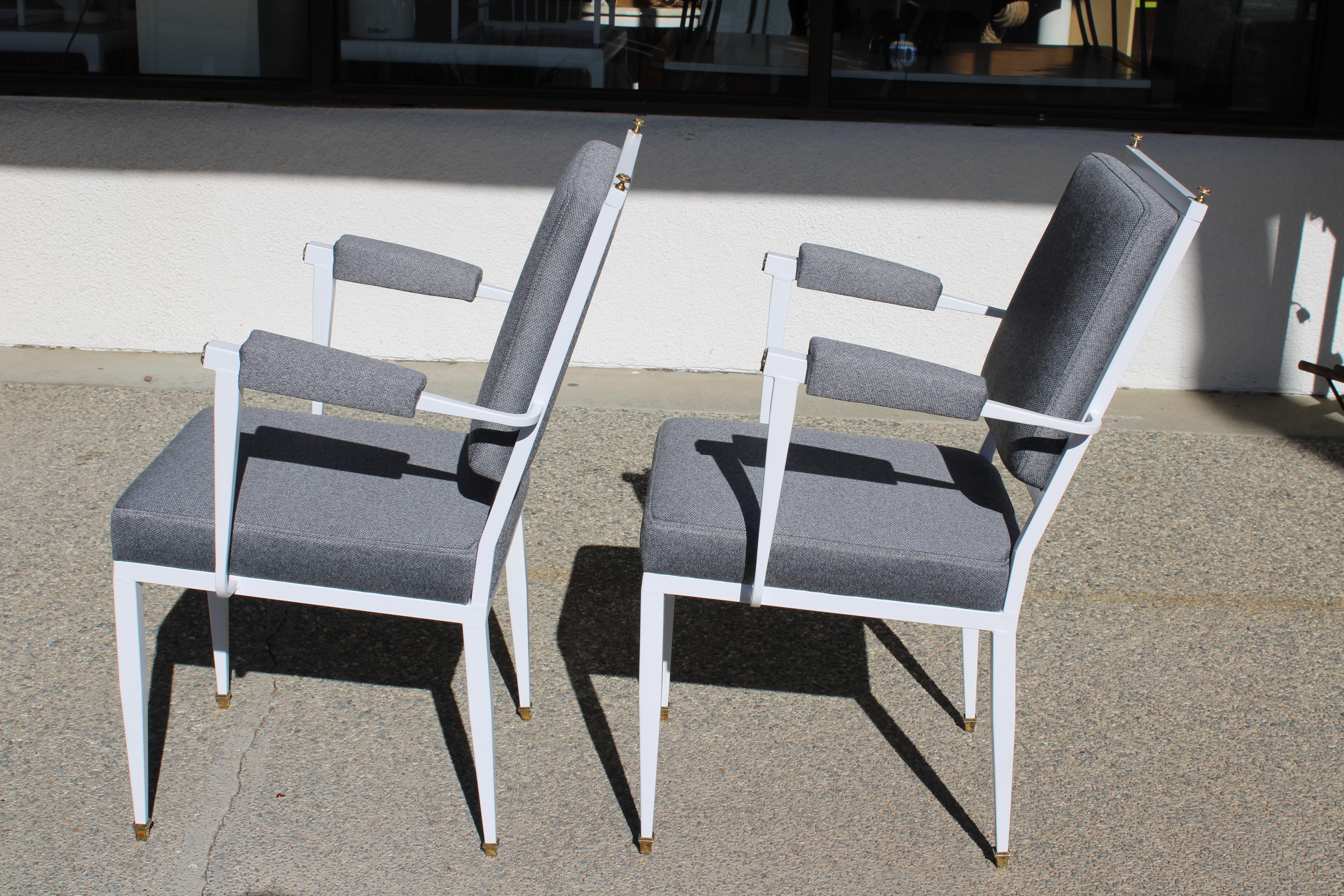 Pair of chairs attributed to French furniture designer, sculptor and architect, Andre Arbus (1903 - 1969).  Chairs have been professionally upholstered.  Chairs have been professionally sand blasted and powder coated a satin white.  All brass has