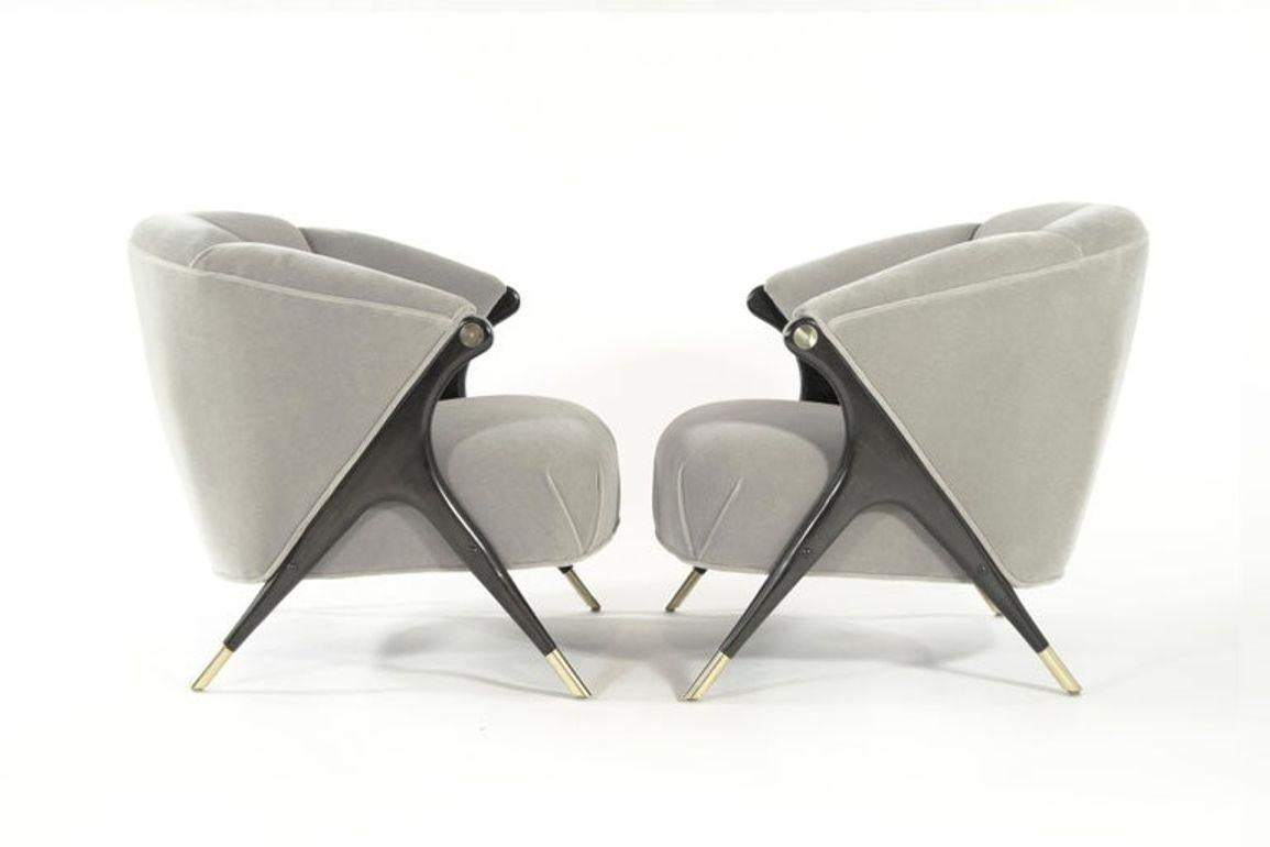 Brass Pair of Chairs by Karpen of California in Grey Alpaca Velvet, C. 1950s For Sale