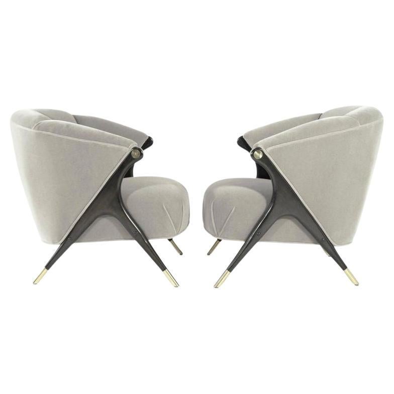 Pair of Chairs by Karpen of California in Grey Alpaca Velvet, C. 1950s For Sale
