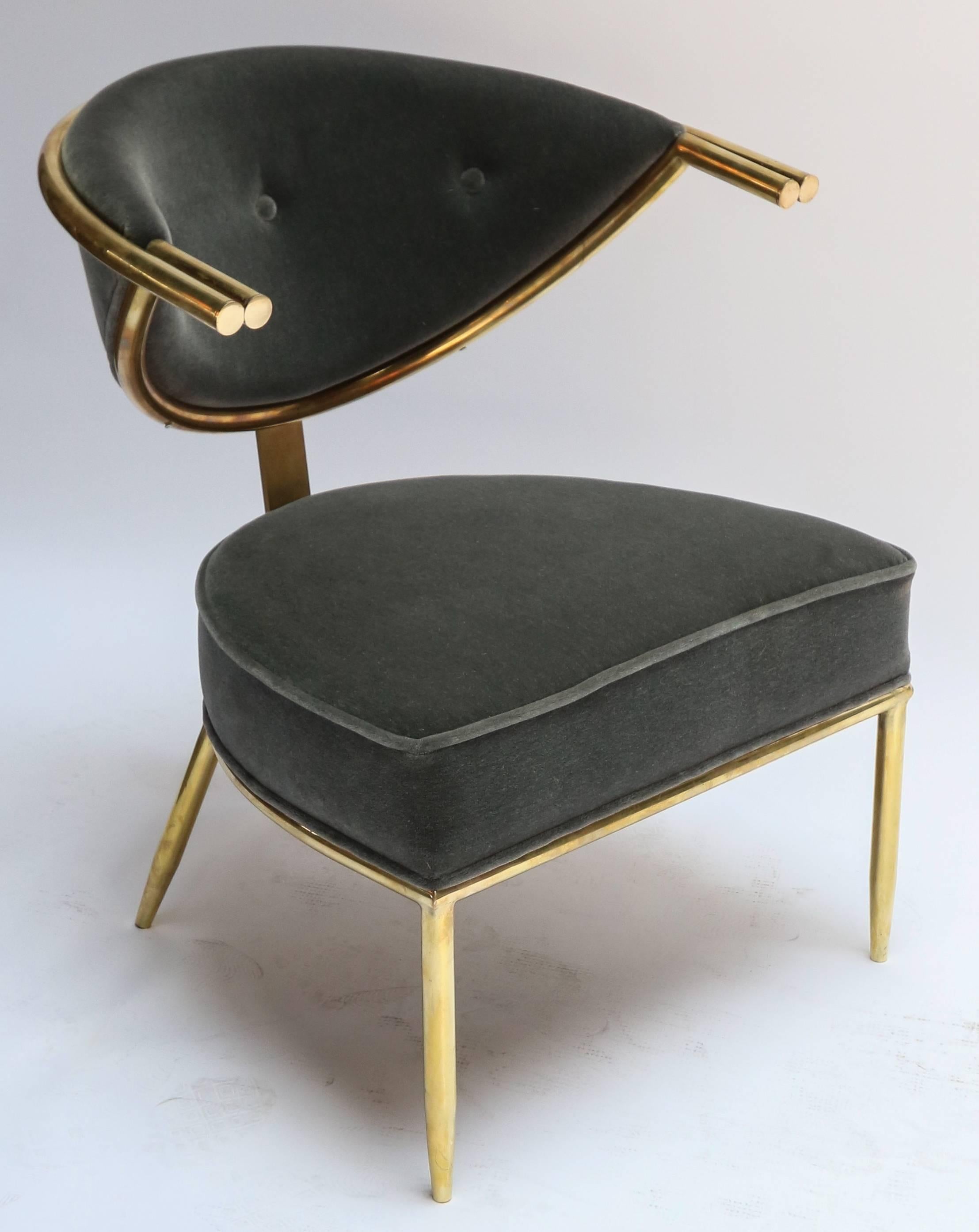 Pair of chairs with brass frame, upholstered in grey mohair by Maurice Bailey for Monteverdi-Young.