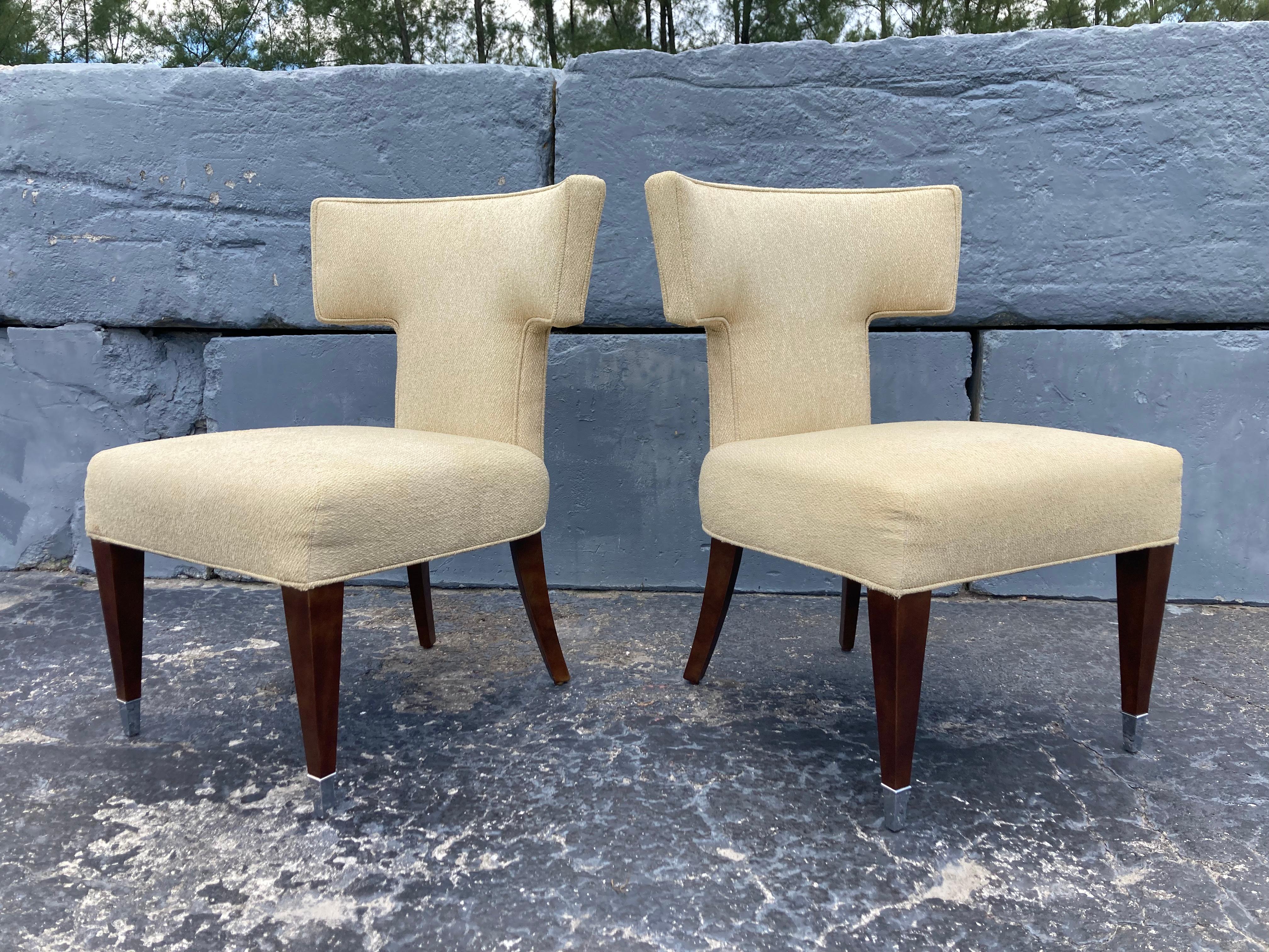 Pair of Chairs Designed by Larry Laslo for Directional, wooden legs have a faux burl wood finish and stainless steel tips. Original fabric is in not perfect condition and has some soiling. We recommend to reupholster the chairs, we can help.