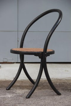 Pair of Chairs in Curved Bentwood in Black Lacquer Straw Seat Thonet