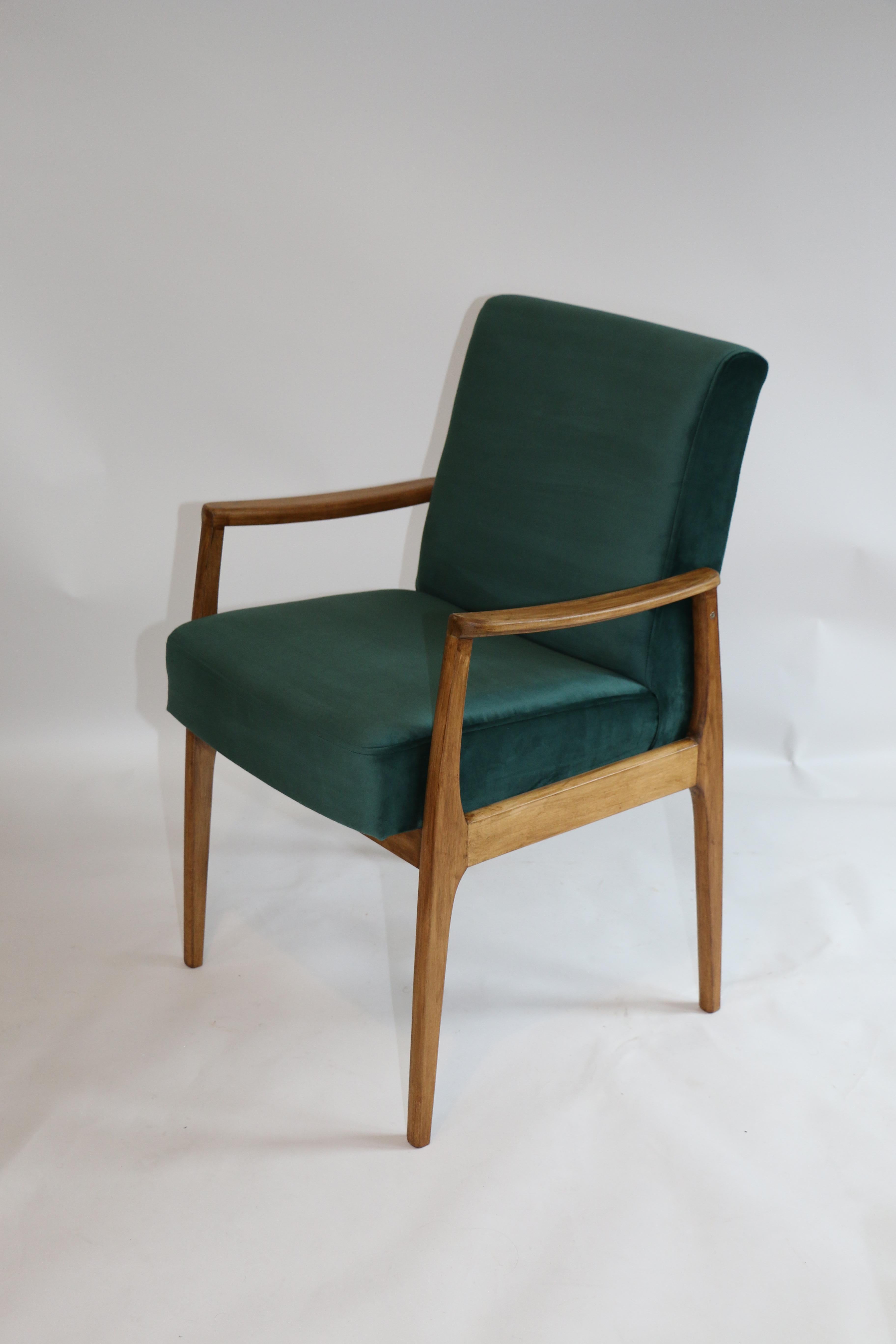 Pair of chairs in green velvet from 1980s, new upholstery covered with velvet fabric in fashionable green color, finished with wooden chair cushion. Wooden elements in natural oak color. Perfect condition.

Dimension: H 88 x W 60 x D 55.