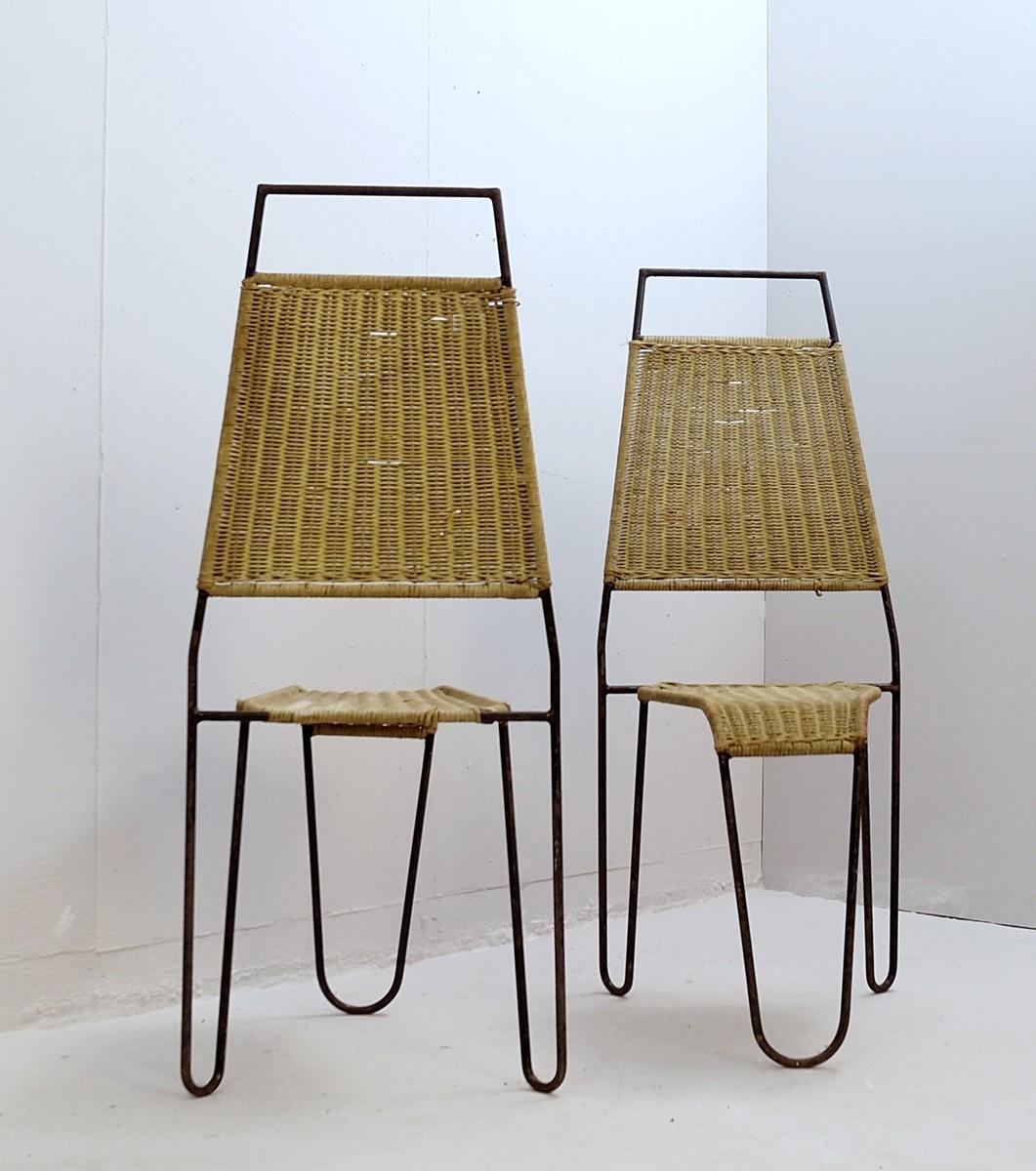 Mid-Century Modern Pair of Chairs in Wicker and Steel Attr. to Raoul Guys for Airborne, ca 1950