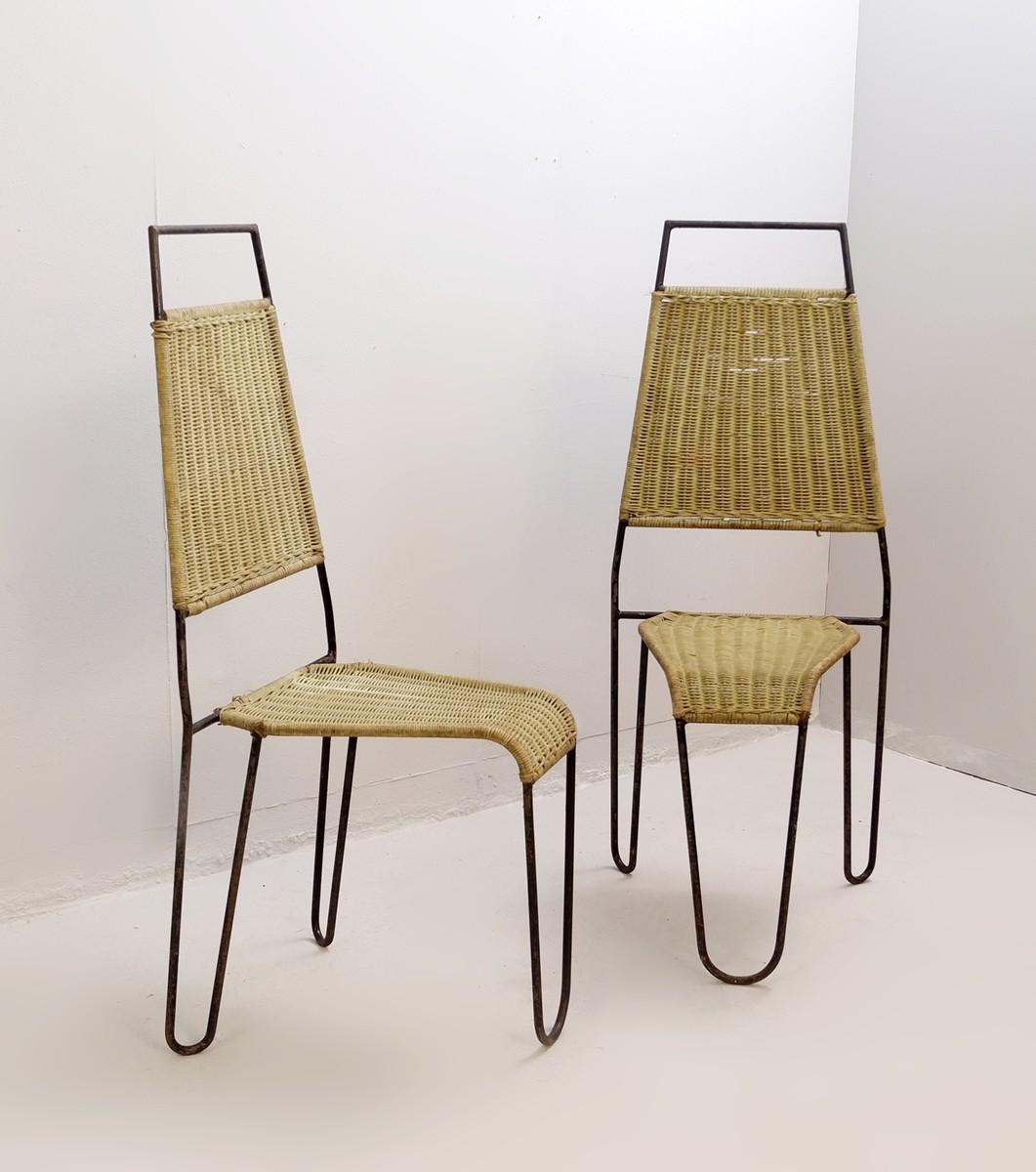 European Pair of Chairs in Wicker and Steel Attr. to Raoul Guys for Airborne, ca 1950
