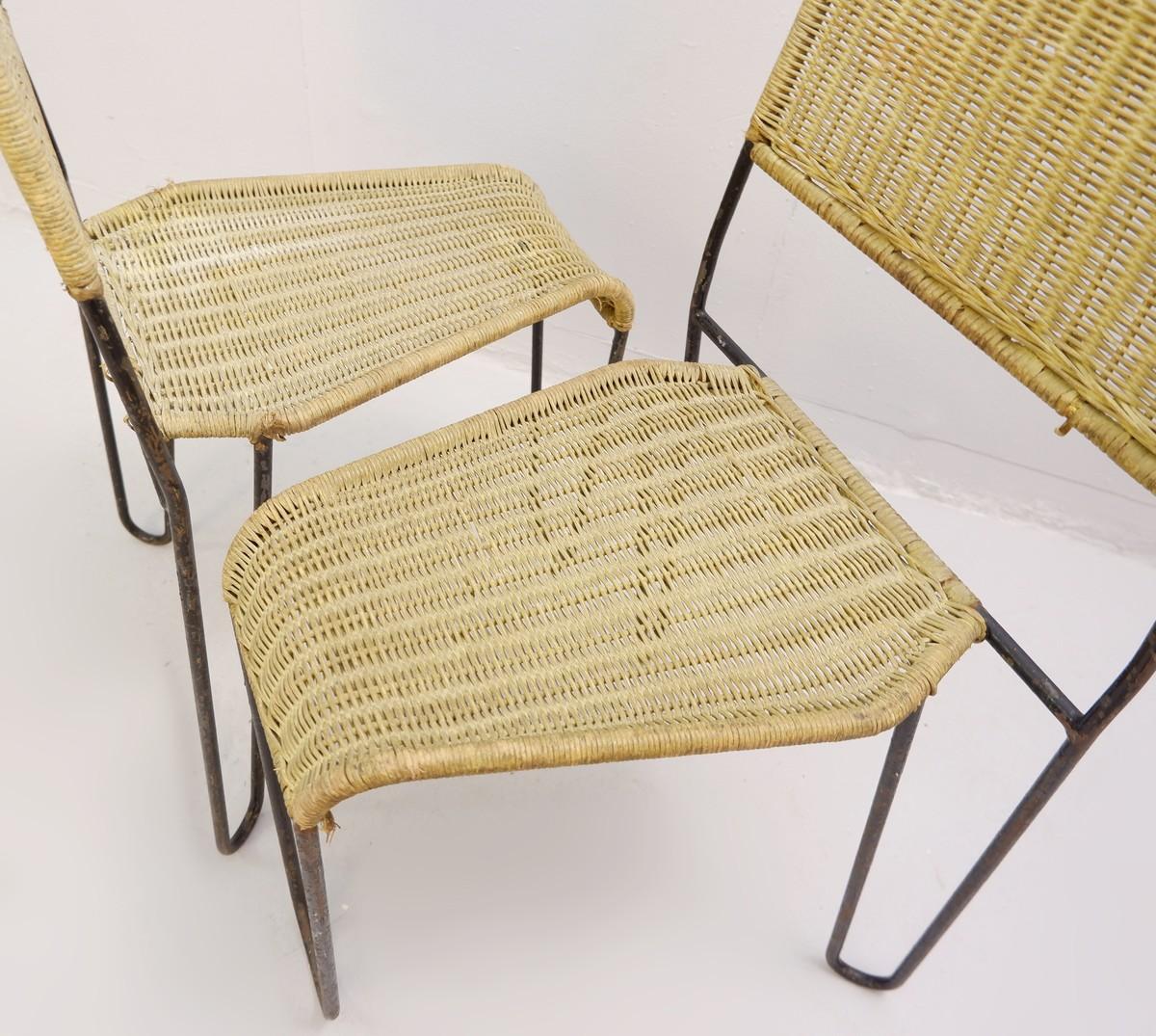 Pair of Chairs in Wicker and Steel Attr. to Raoul Guys for Airborne, ca 1950 In Good Condition In Brussels , BE
