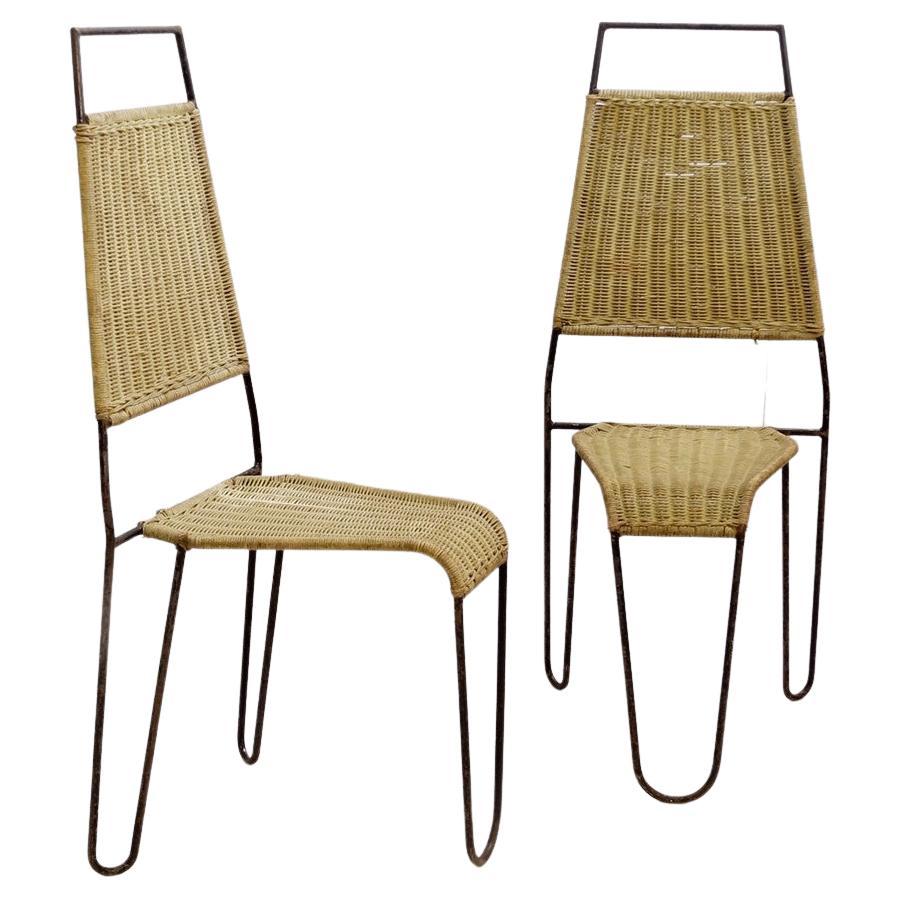Pair of Chairs in Wicker and Steel Attr. to Raoul Guys for Airborne, ca 1950