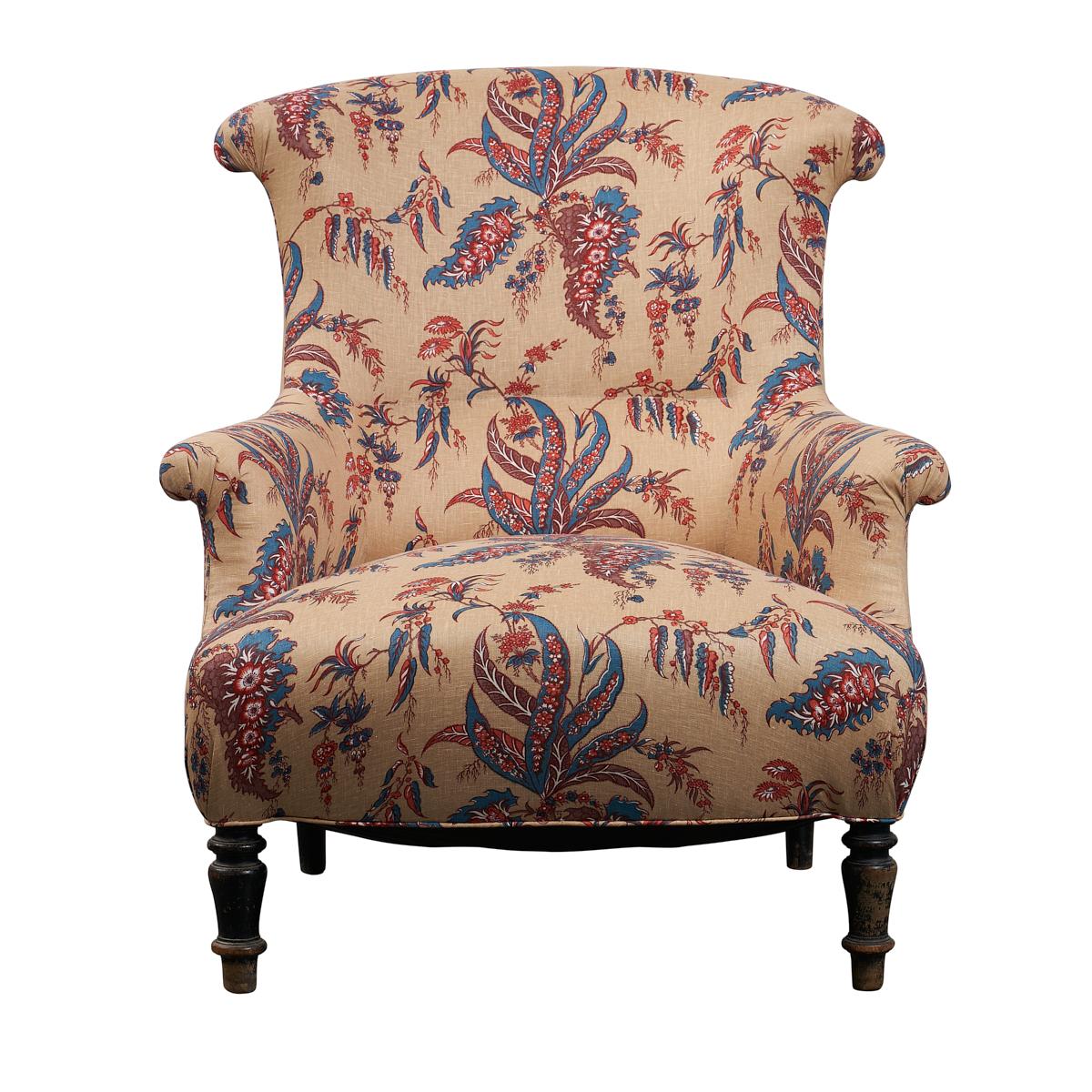 We love the elegant silhouette of this pair of late 19th-century chairs, discovered in the South of France and newly upholstered Apolline Botanical fabric. With high curved backs that are perfectly pitched and scrolled arms, these gorgeous chairs