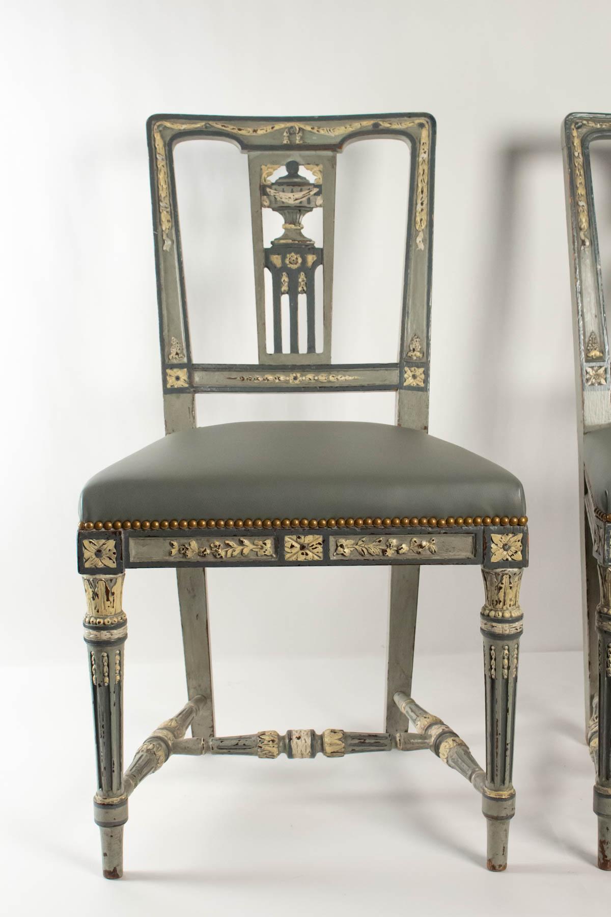 Pair Of Louis XVI Style Chairs Of The 19th Century, Antique Painted Wood And Leather Seating.
h: 93cm, W: 51cm, 42cm