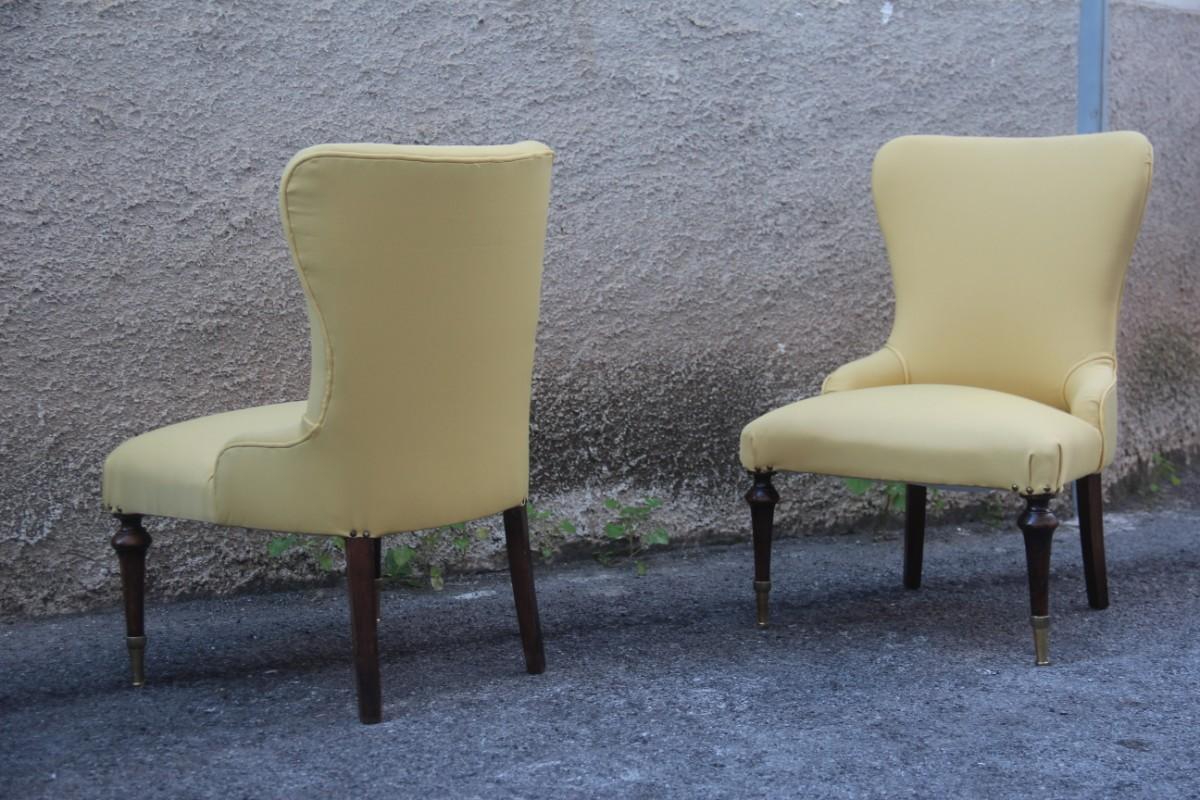 Pair of Chairs Mid-Century Modern Italian Design Yellow Color Wood Brass Feet For Sale 5