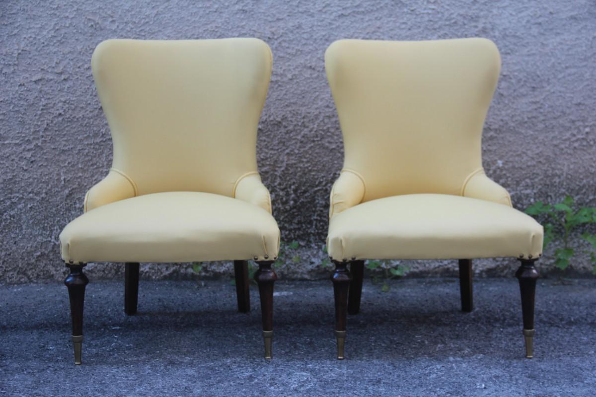 Pair of Chairs Mid-Century Modern Italian Design Yellow Color Wood Brass Feet For Sale 8