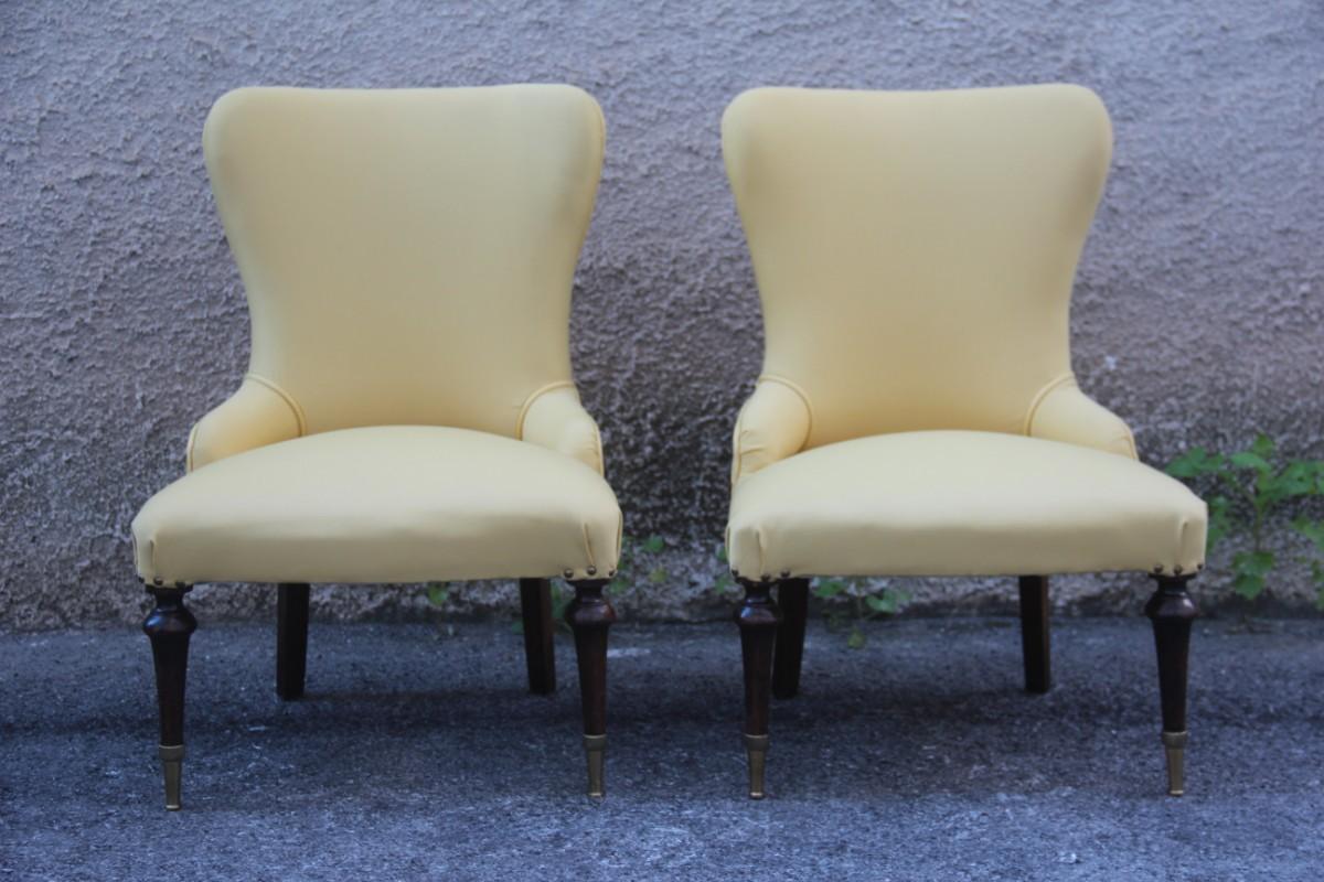 Pair of Chairs Mid-Century Modern Italian Design Yellow Color Wood Brass Feet For Sale 8