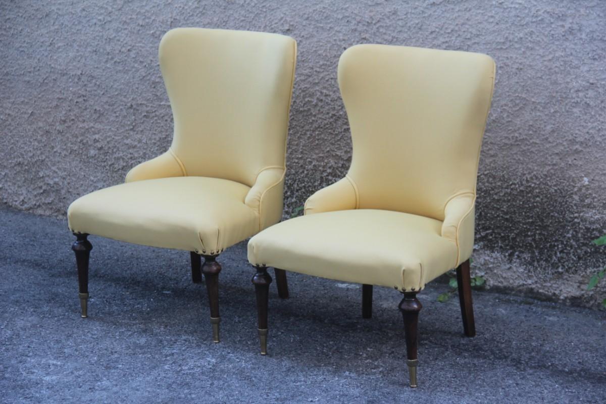 Pair of Chairs Mid-Century Modern Italian Design Yellow Color Wood Brass Feet For Sale 9