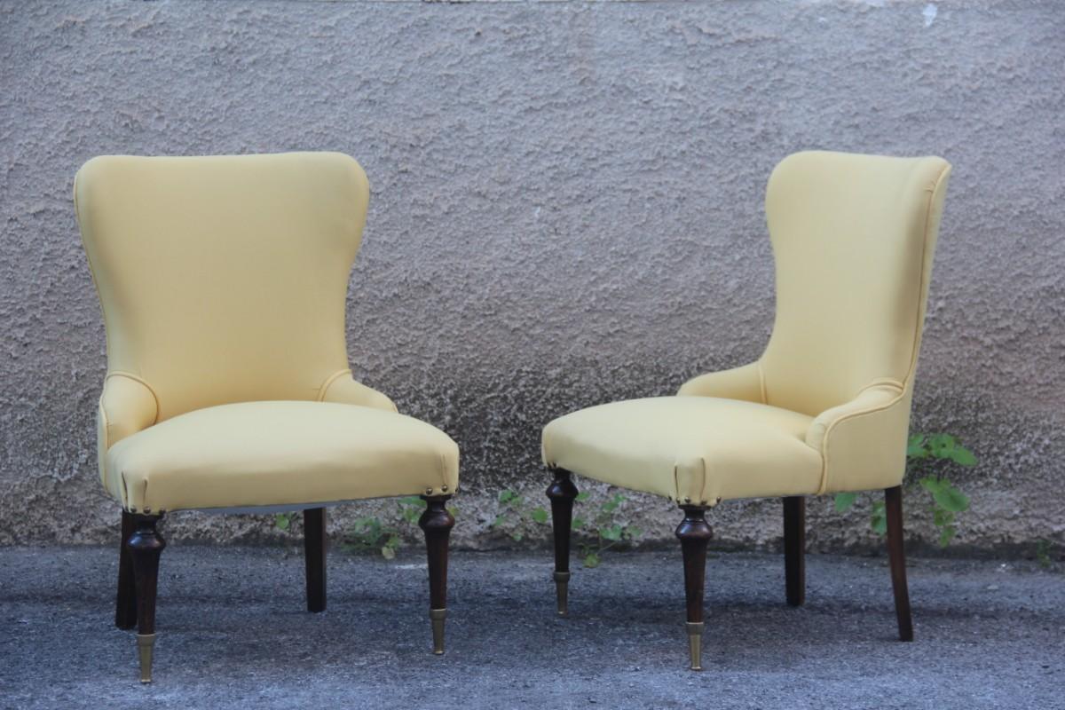 Mid-20th Century Pair of Chairs Mid-Century Modern Italian Design Yellow Color Wood Brass Feet For Sale