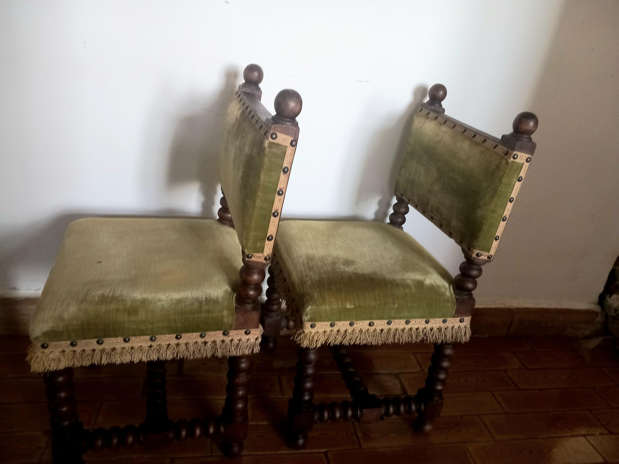 Pair of Chairs o Stools Turned Legs and Velvet Seat , Spain 4