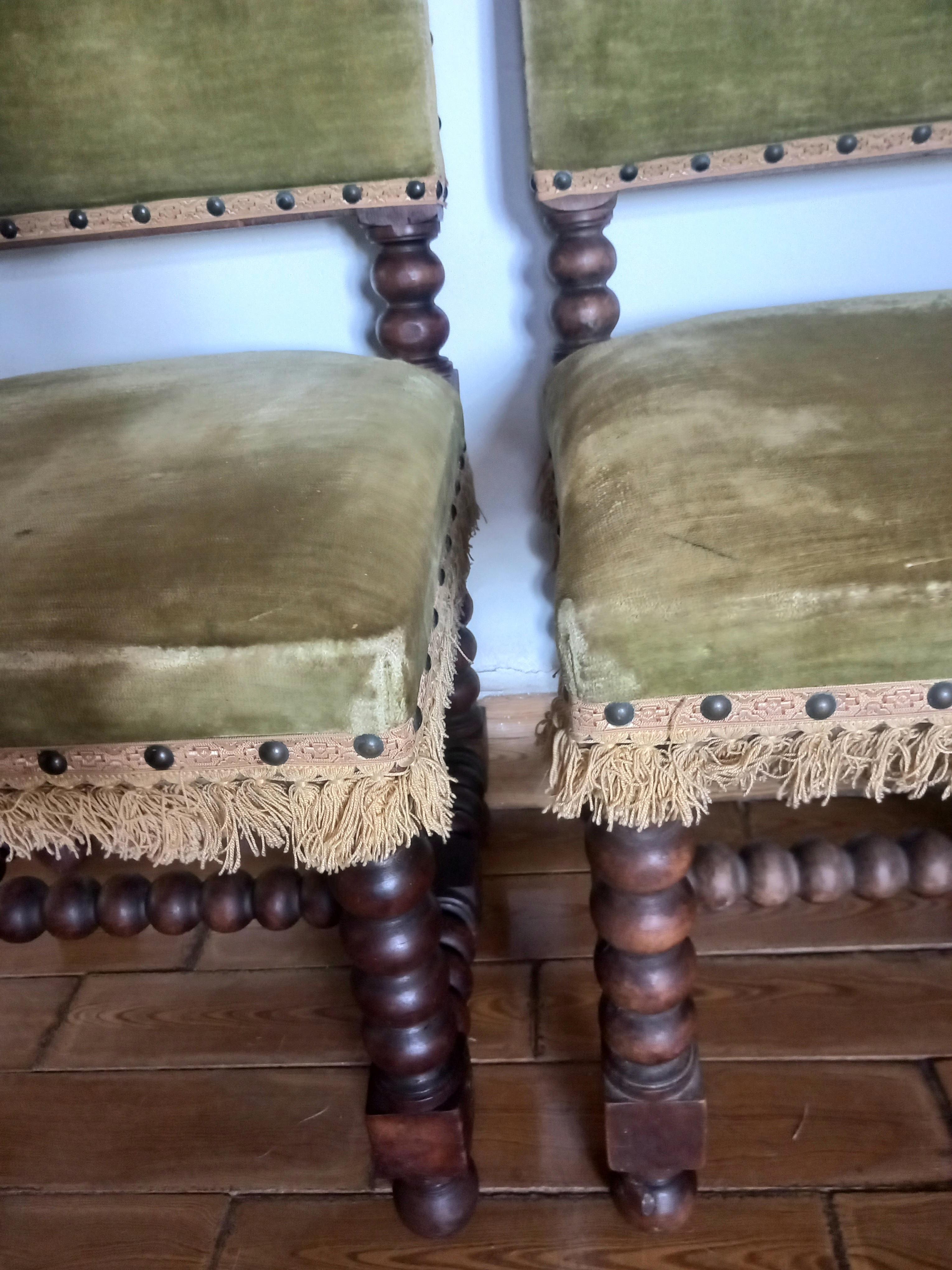 Pair of Chairs o Stools Turned Legs and Velvet Seat , Spain 6