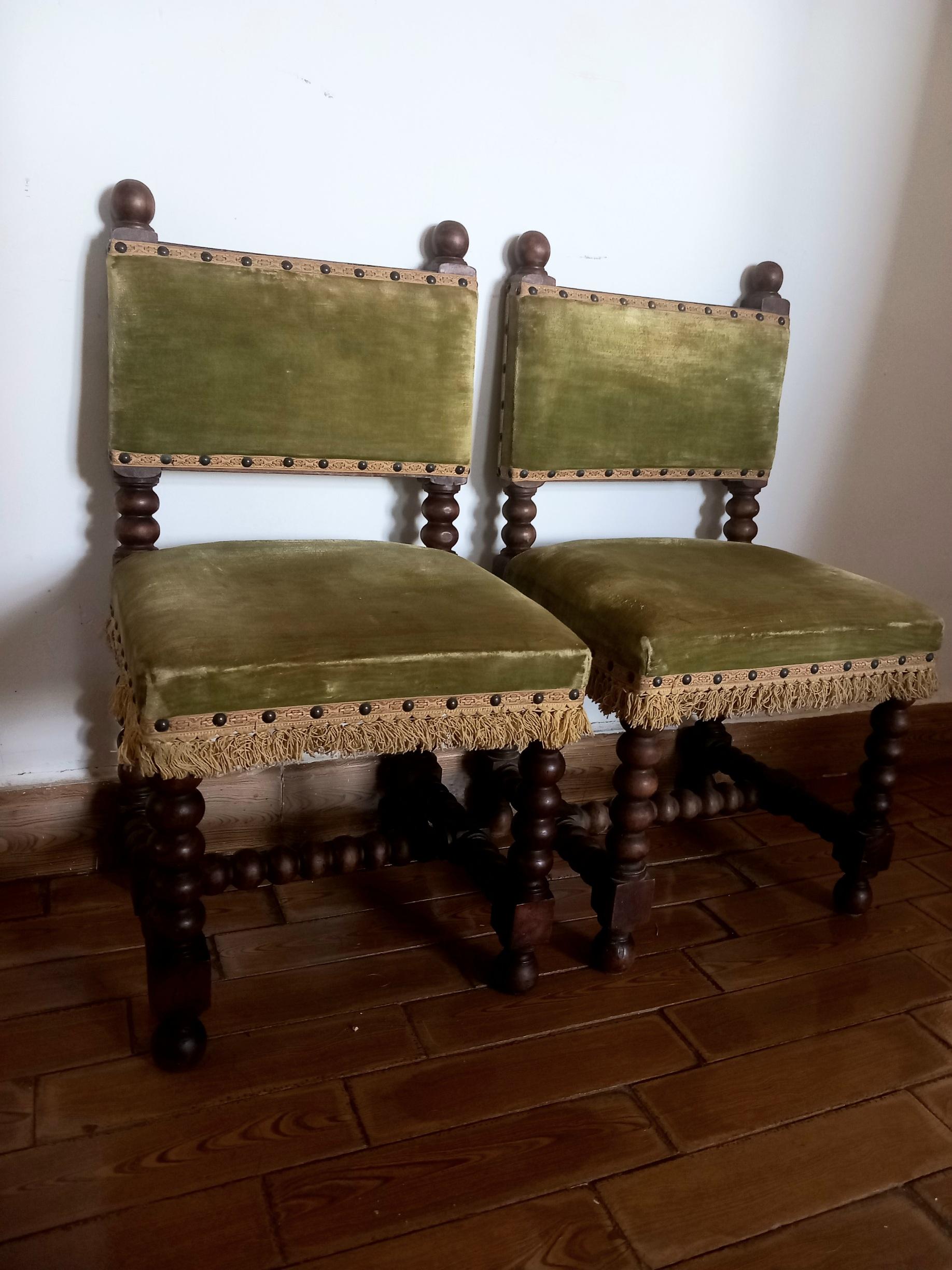 Pair of Chairs o Stools Turned Legs and Velvet Seat , Spain 8