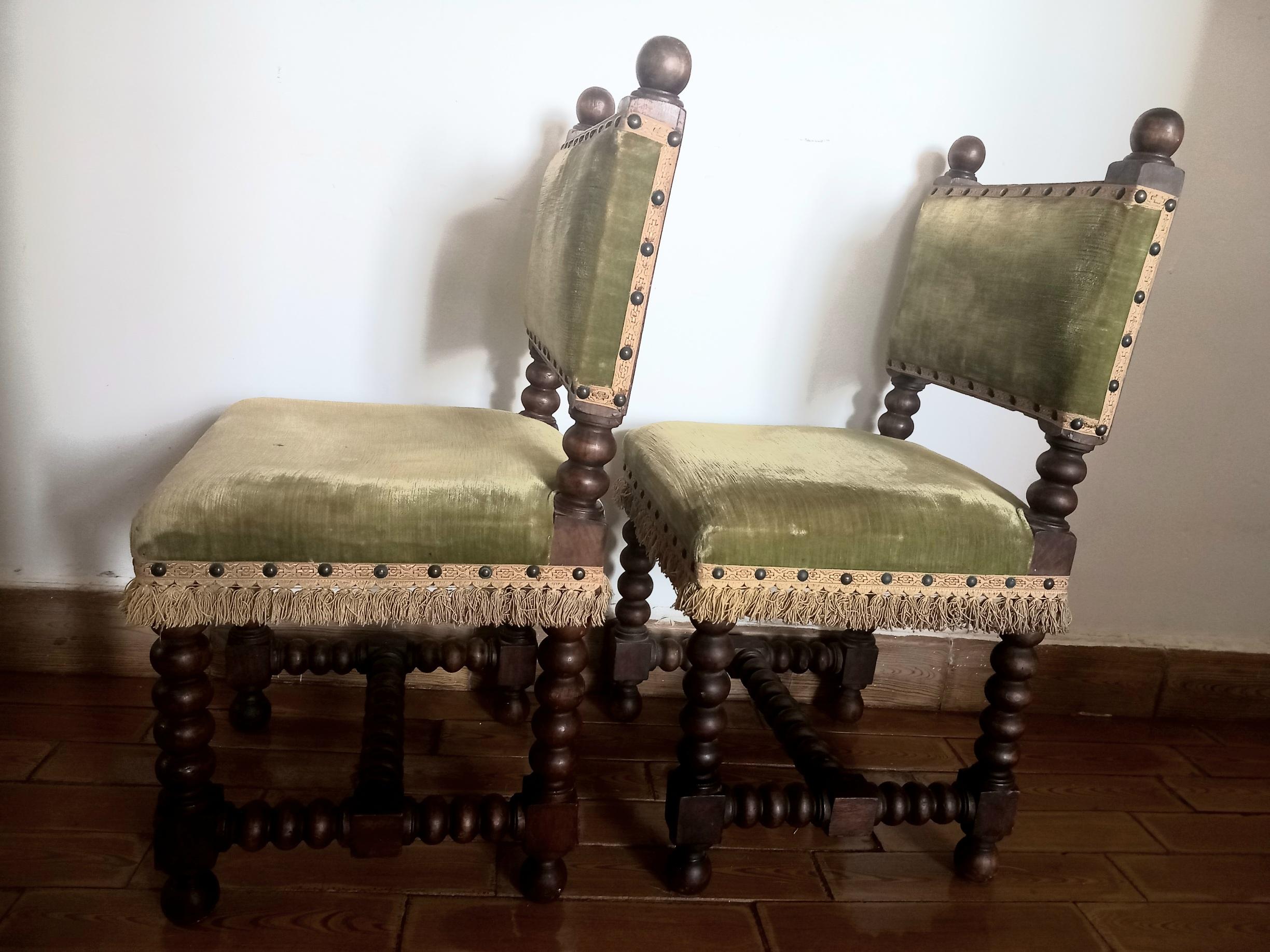 Pair of Chairs o Stools Turned Legs and Velvet Seat , Spain 10