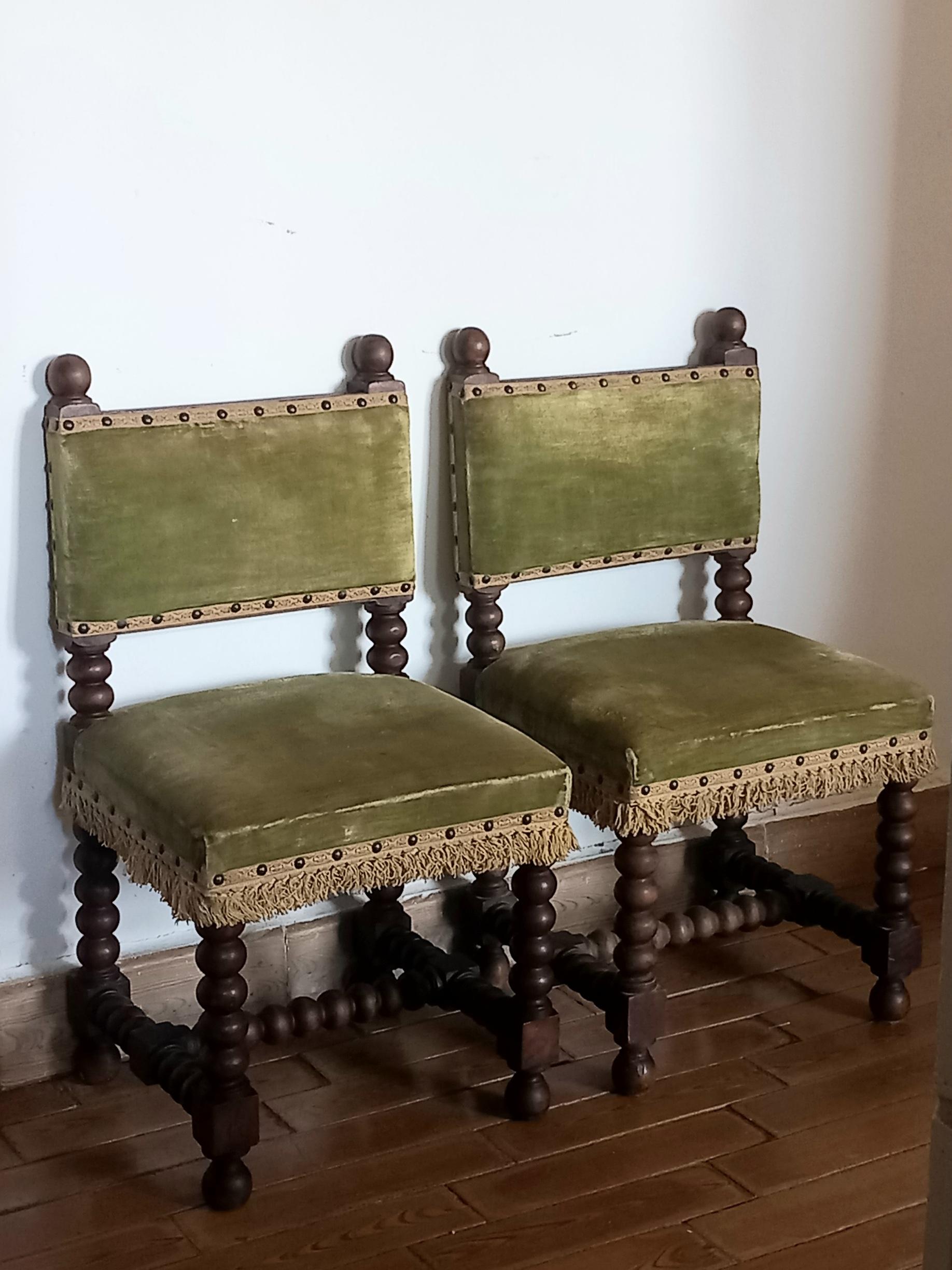 Victorian Pair of Chairs o Stools Turned Legs and Velvet Seat , Spain