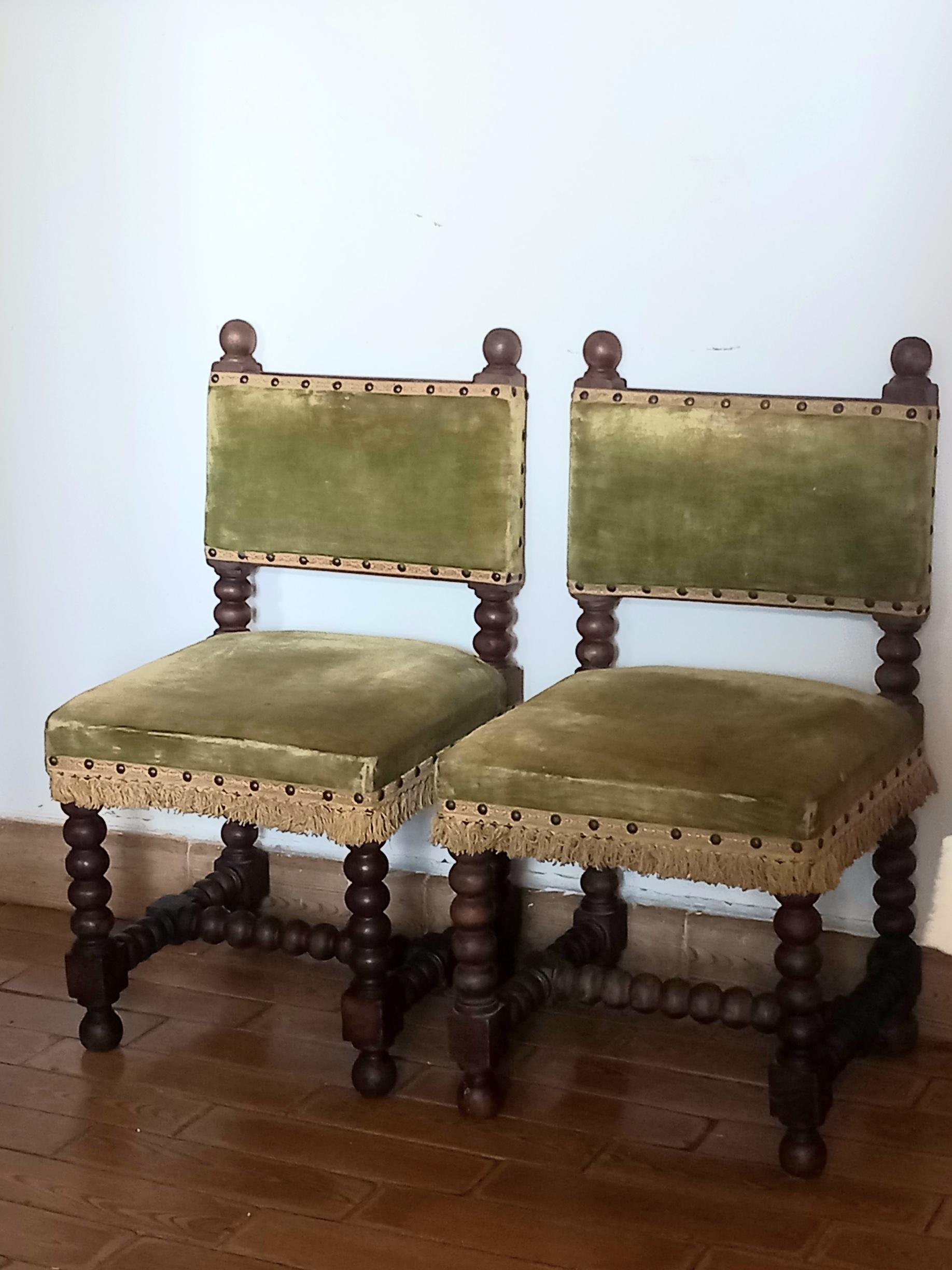 Spanish Pair of Chairs o Stools Turned Legs and Velvet Seat , Spain