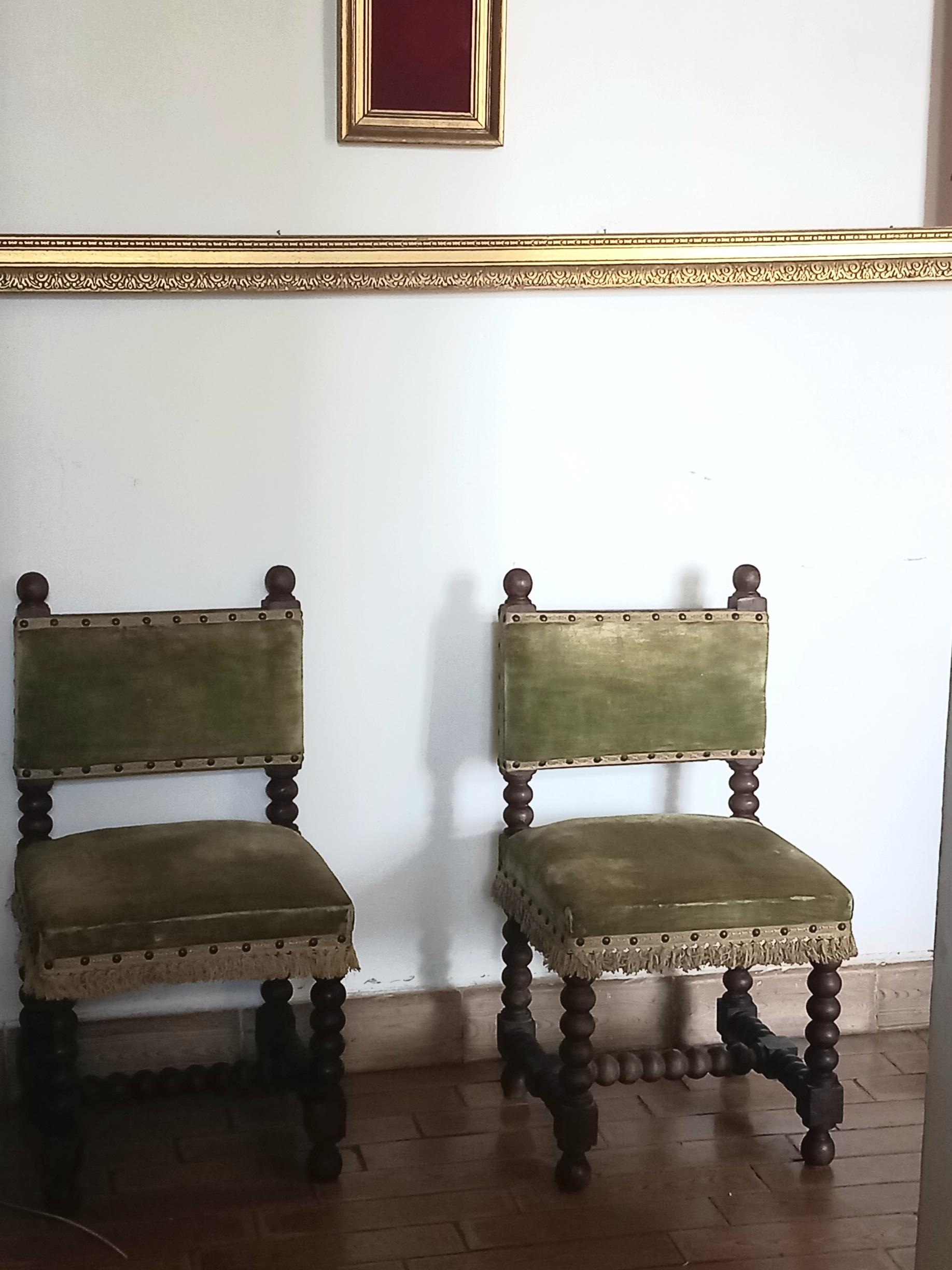 19th Century Pair of Chairs o Stools Turned Legs and Velvet Seat , Spain