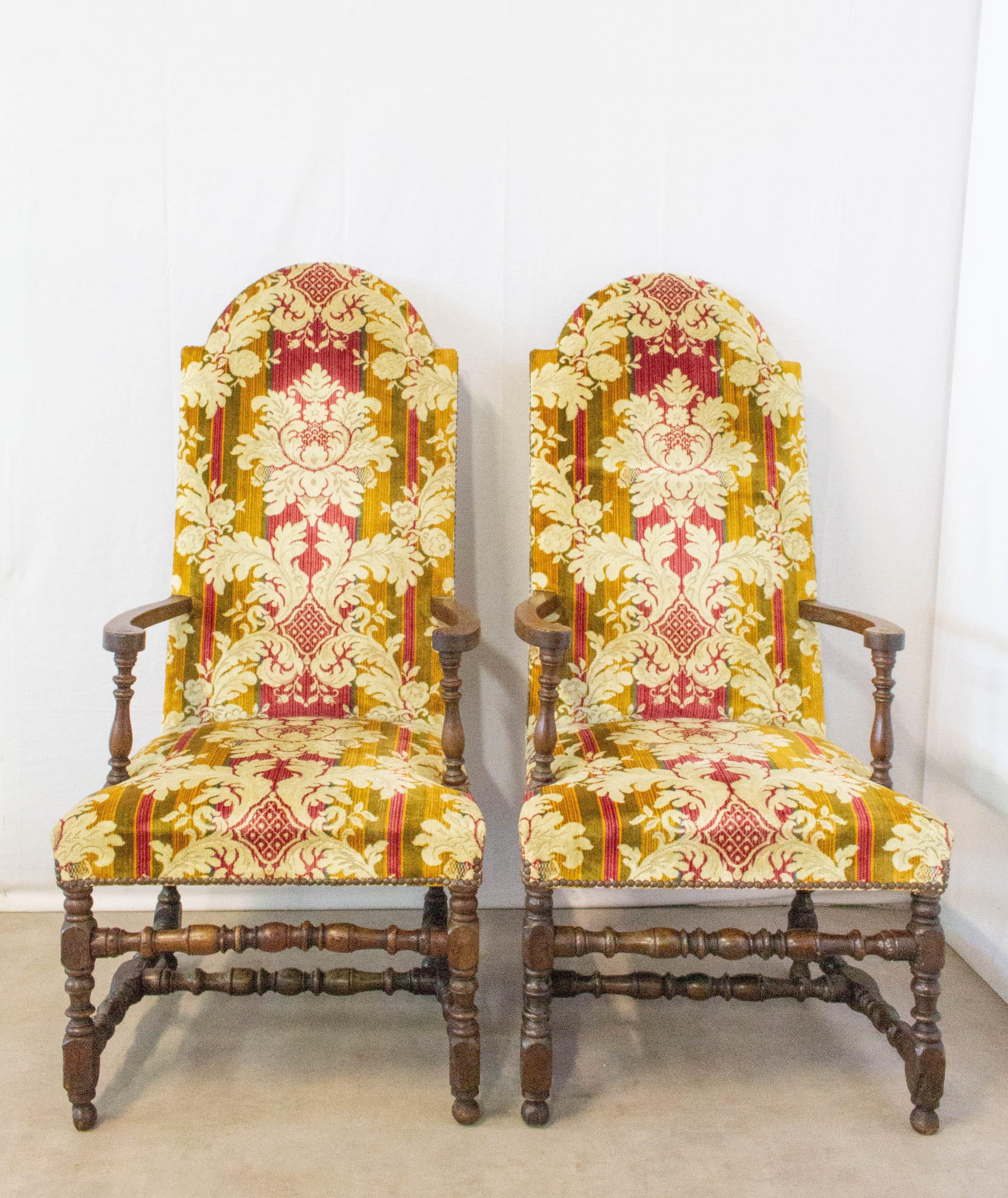 Late 18th century pair of open armchairs French Louis XIII
Renaissance Revival
Good antique condition wood frames are solid and sound, covers easily changed to suit your interior, upholstery is good and may need a couple of simple minor