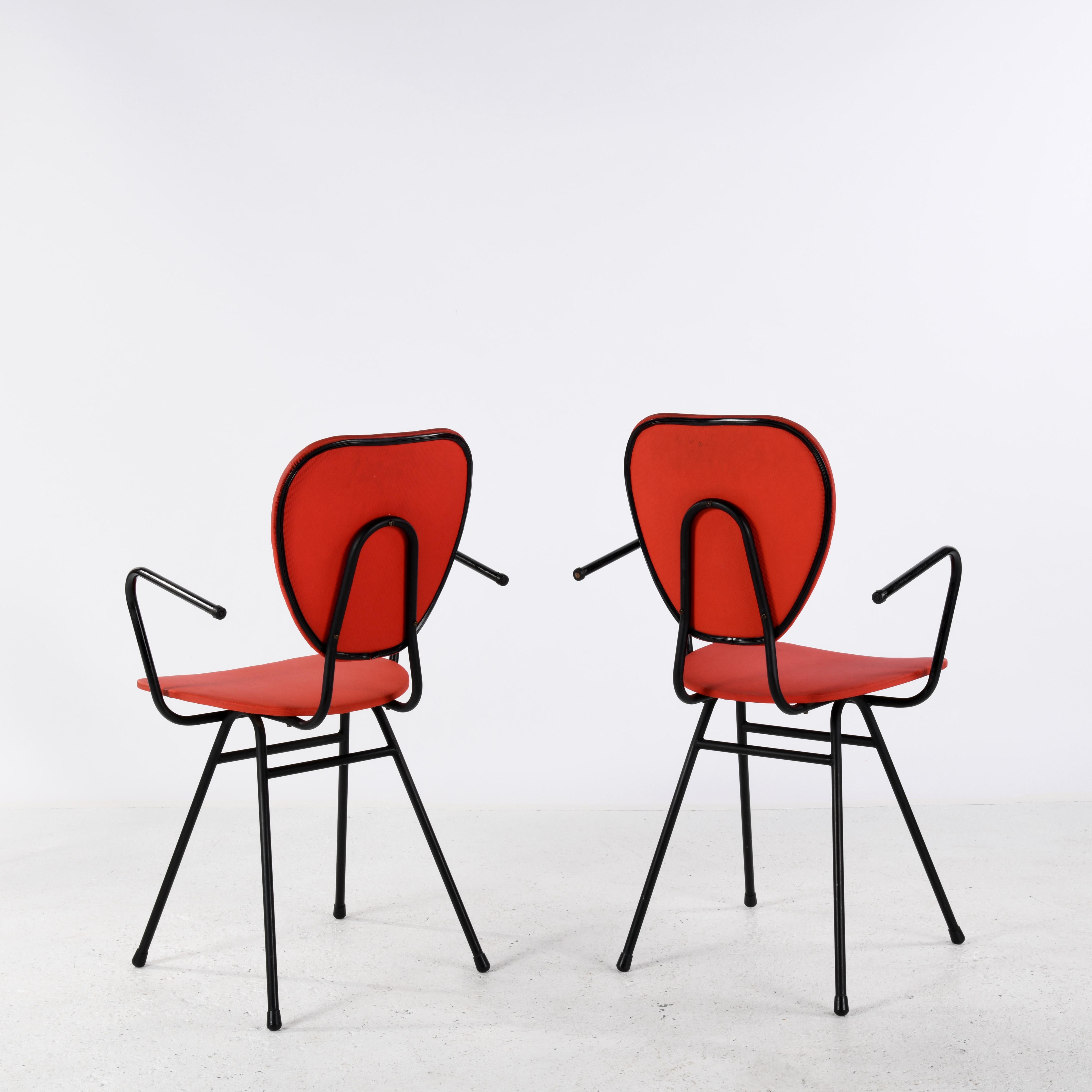 French Pair of chairs with armrests by Jacques Hitier, published in France in the 1950 For Sale