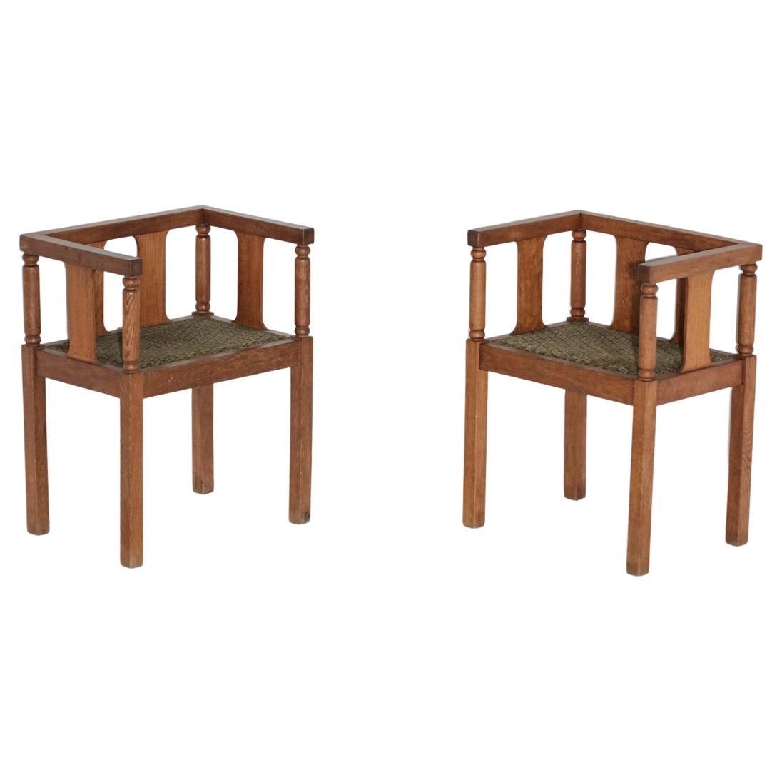 Pair of Chairs with Armrests from the 1940s in Solid Oak and Velvet