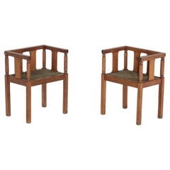 Pair of Chairs with Armrests from the 1940s in Solid Oak and Velvet