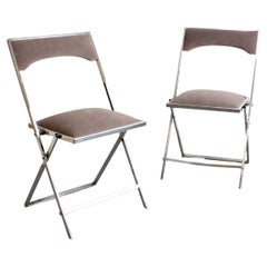 Pair of chairs with chrome-plated metal frames and brown chenille upholstery