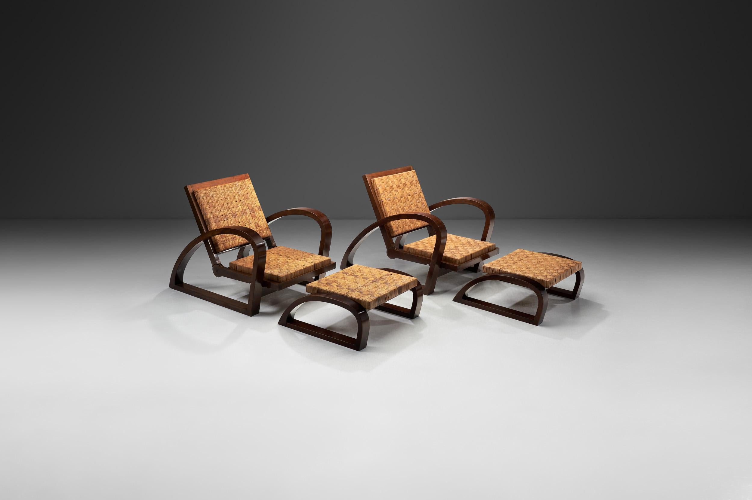 Mid-Century Modern Pair of Chairs with Footstools by Francis Jourdain (Attr.), France ca 1928 For Sale